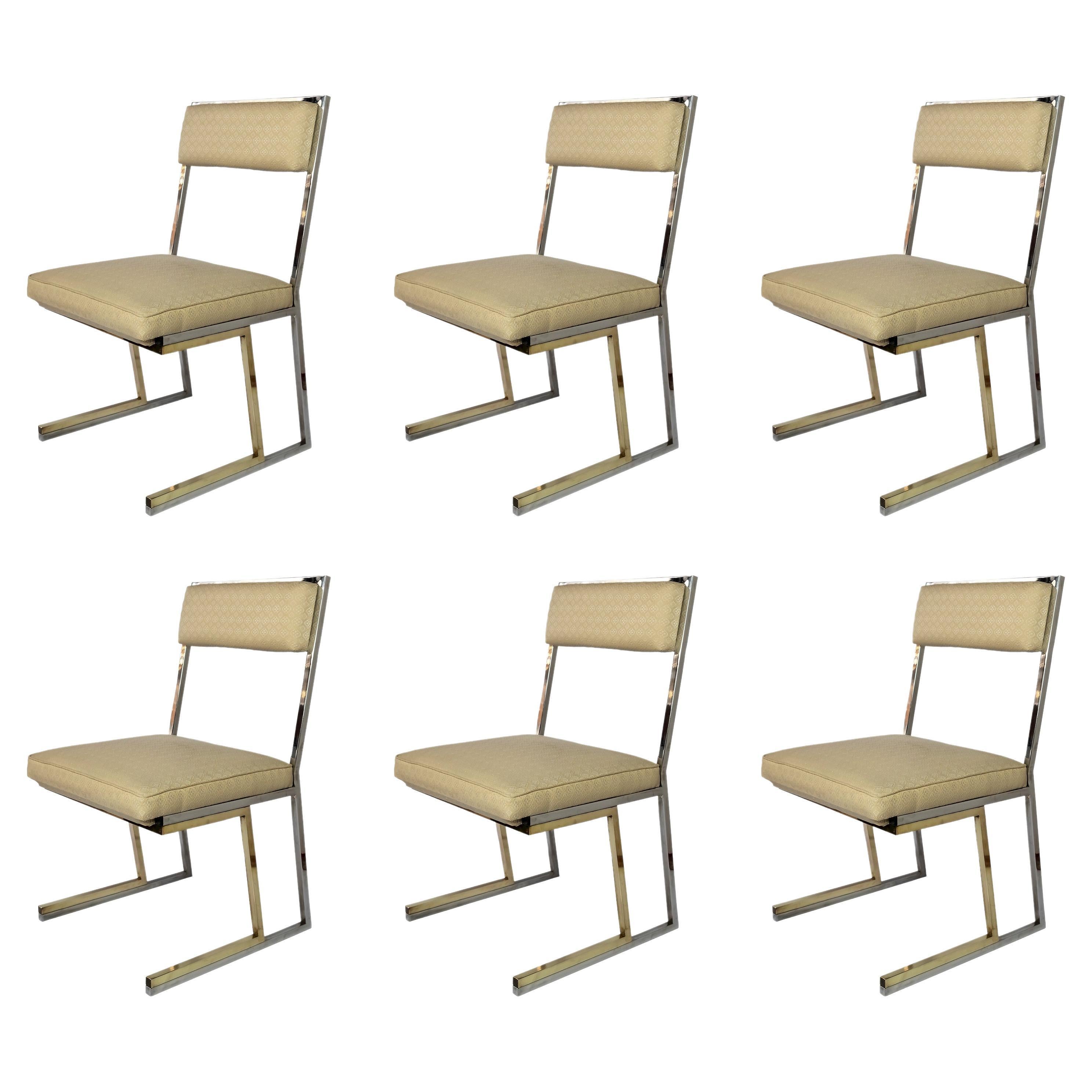 Conjunto de 6 sillas italianas de latón, cromo y tela de mediados de siglo firmadas por Romeo Rega