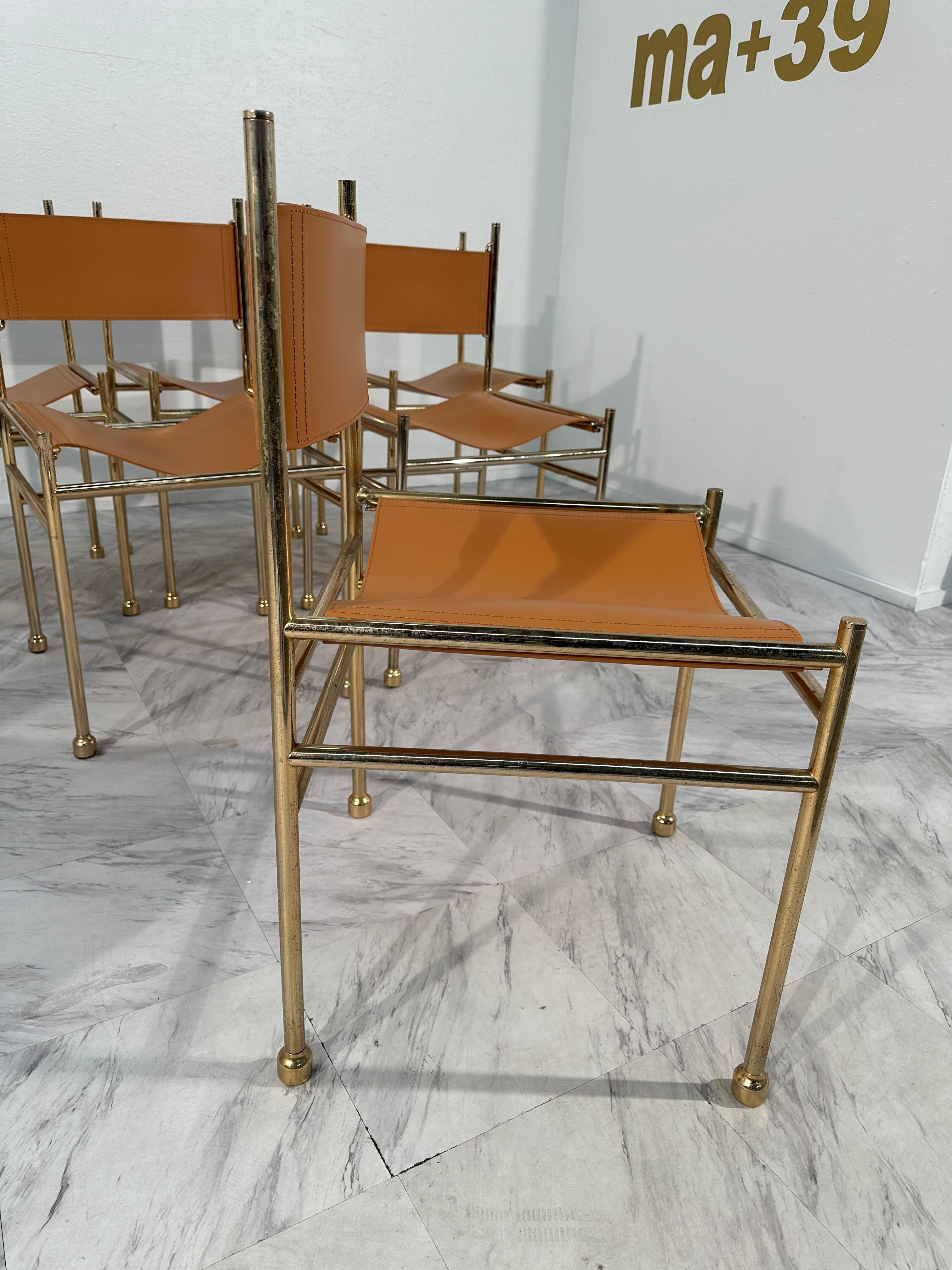 Set of 6 Mid Century Italian Leather and Brass Dining Chairs 1980s In Good Condition For Sale In Los Angeles, CA