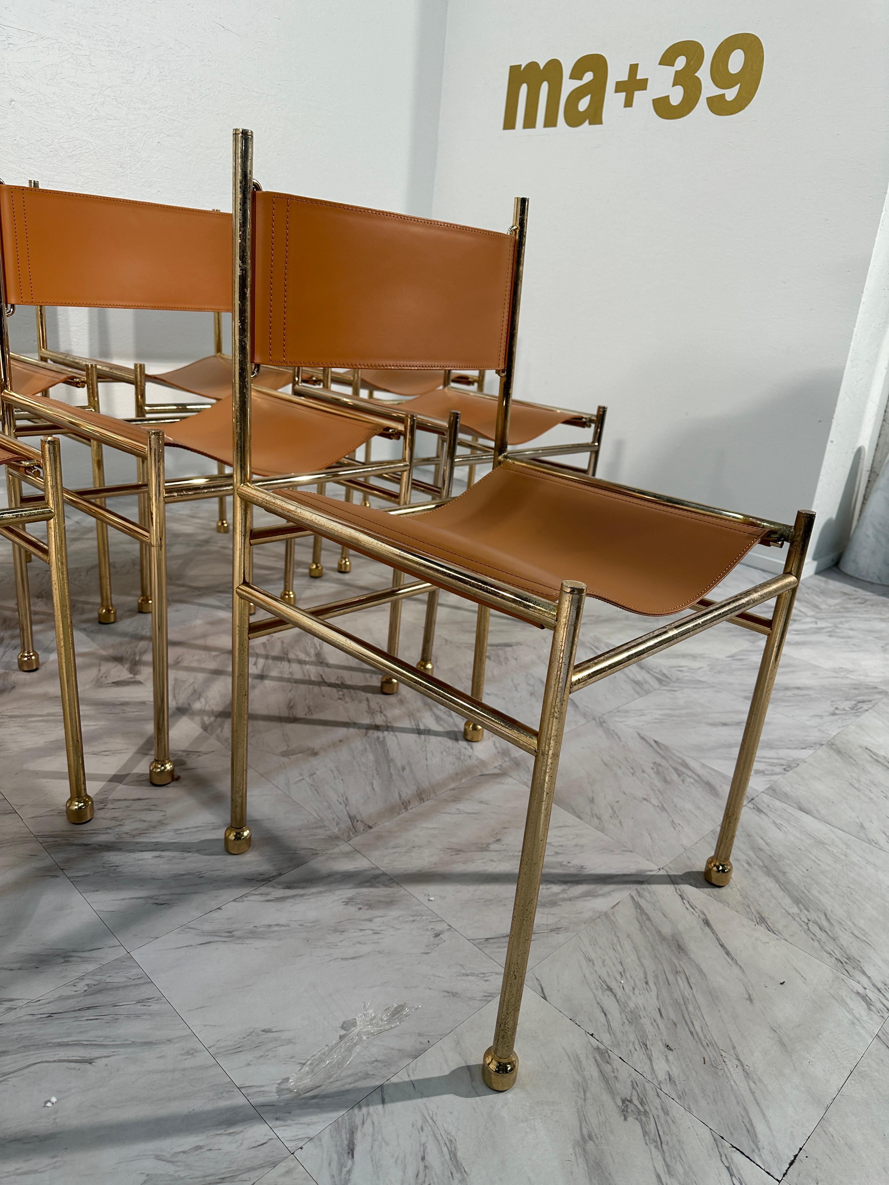 Laiton Ensemble de 6 chaises de salle à manger en cuir et laiton d'Italie du milieu du siècle 1980 en vente