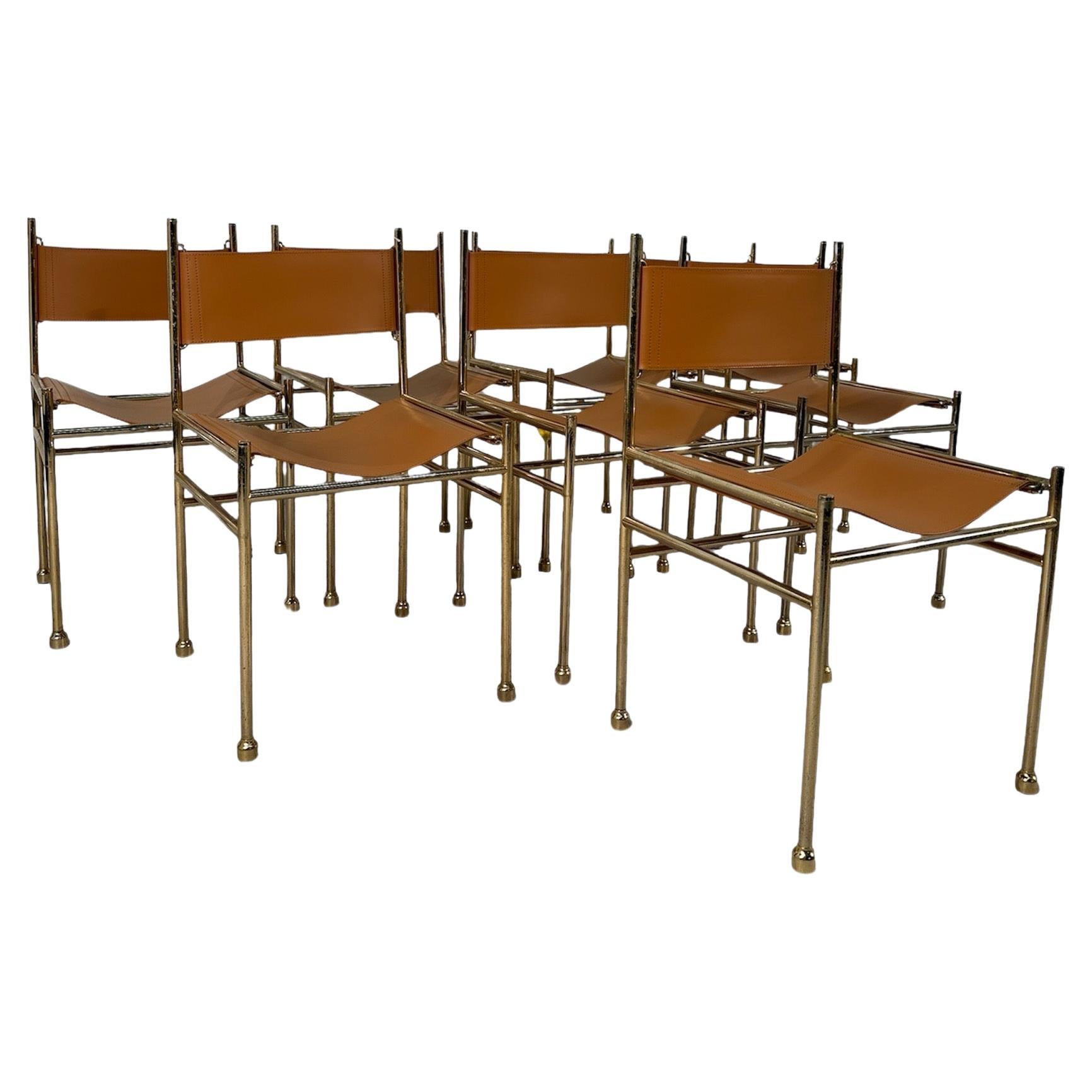 Set of 6 Mid Century Italian Leather and Brass Dining Chairs 1980s For Sale