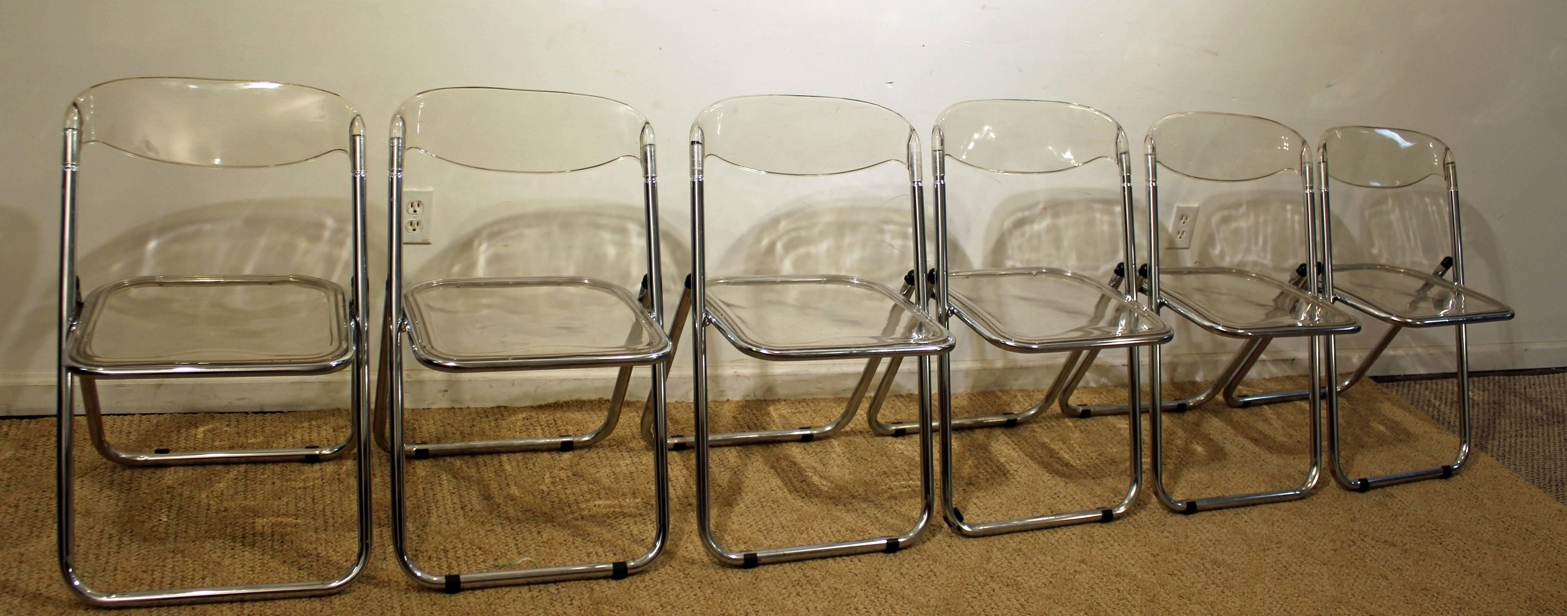 Mid-Century Modern Set of Six Midcentury Italian Modern Lucite Chrome Folding Chairs