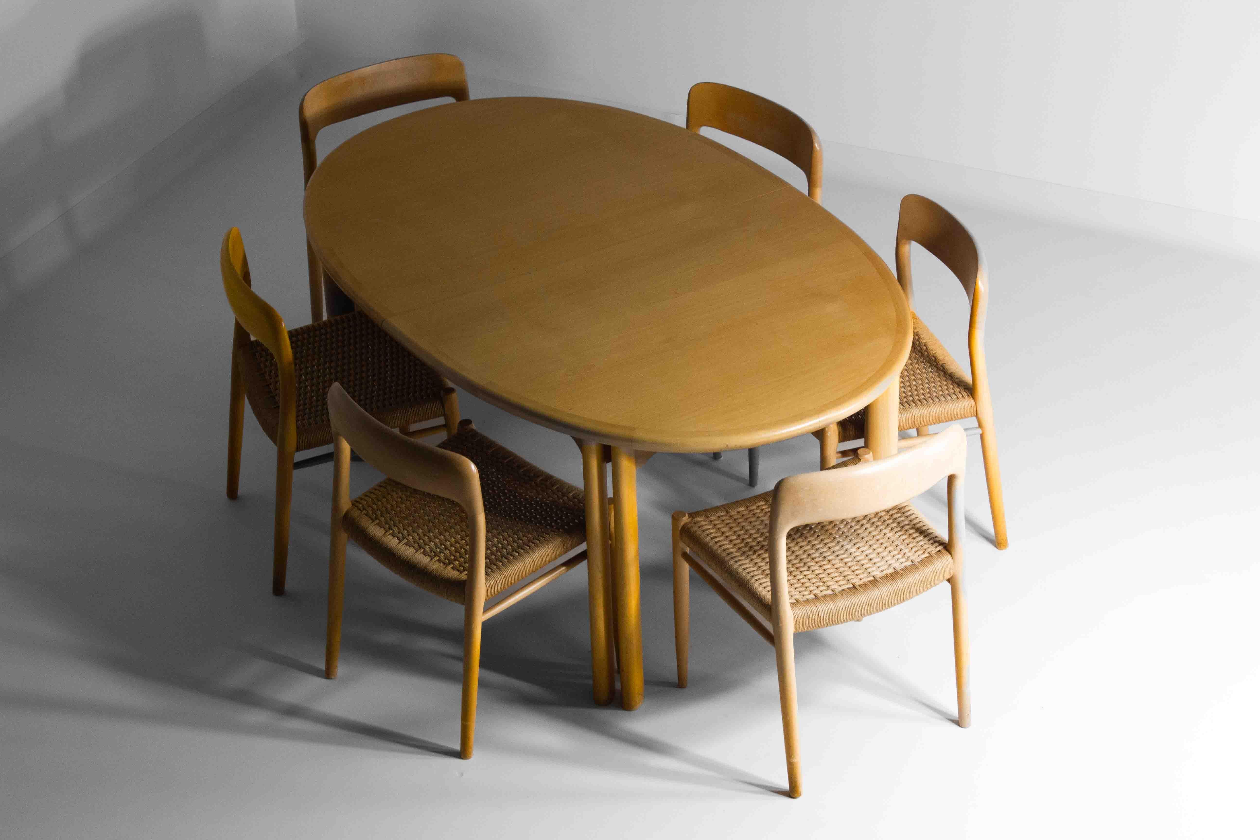 Mid-Century Modern Set of 6 Mid-century J.L. Moller Model 75 Solid oak Dining Chairs, Denmark 1960s
