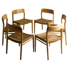 Vintage Set of 6 Mid-century J.L. Moller Model 75 Solid oak Dining Chairs, Denmark 1960s