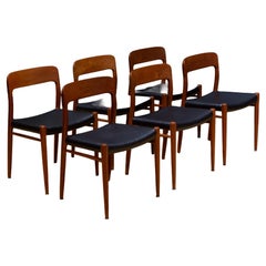 Retro Set of 6 Mid-century J.L. Moller Model #75 Solid Teak Dining Chairs c.1960