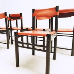 Set of 6 Mid-Century Leather and Wood Chairs Model "Ipso Facto" by Ibisco Sedie