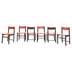Set of 6 Mid-Century Leather and Wood Chairs Model "Ipso Facto" by Ibisco Sedie