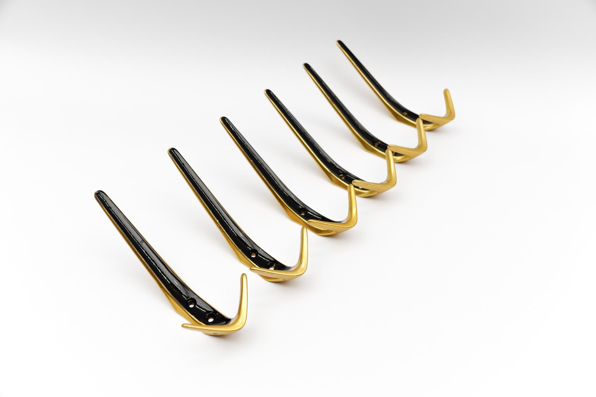 Set of 6 Mid-Century Modern Brass Wall Hooks, Austria, 1960s For Sale 5