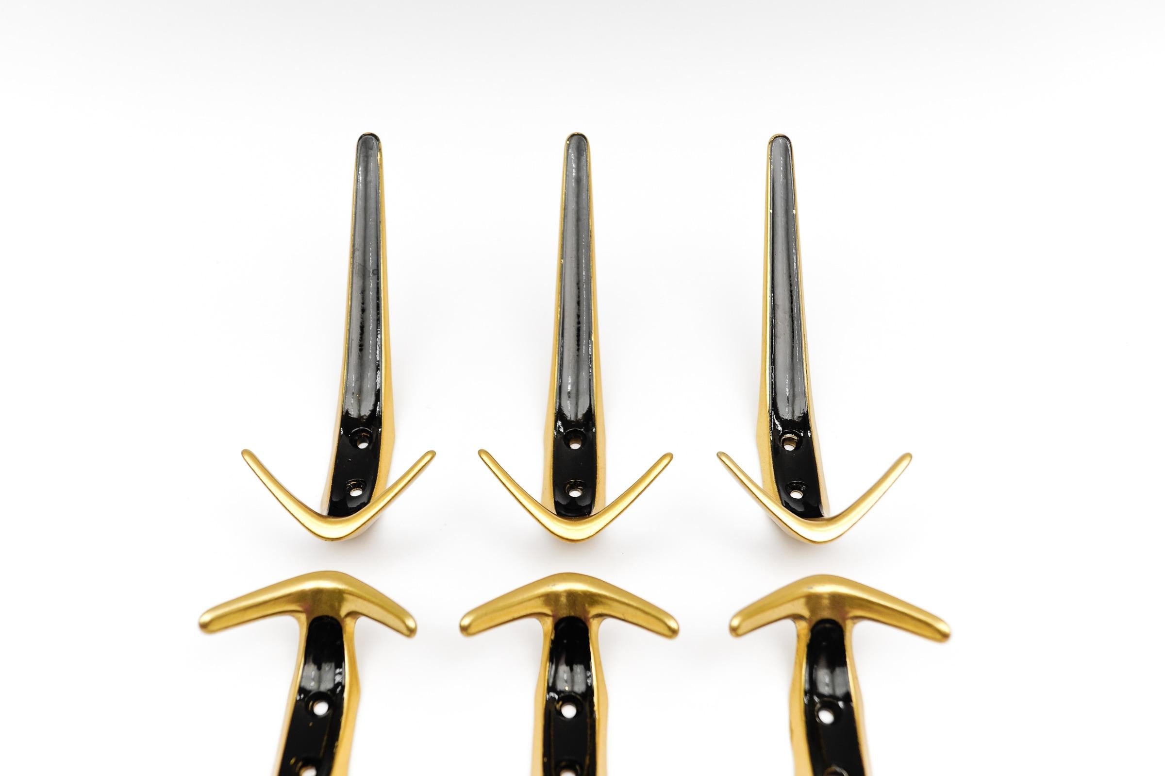 Set of 6 Mid-Century Modern Brass Wall Hooks, Austria, 1960s For Sale 6