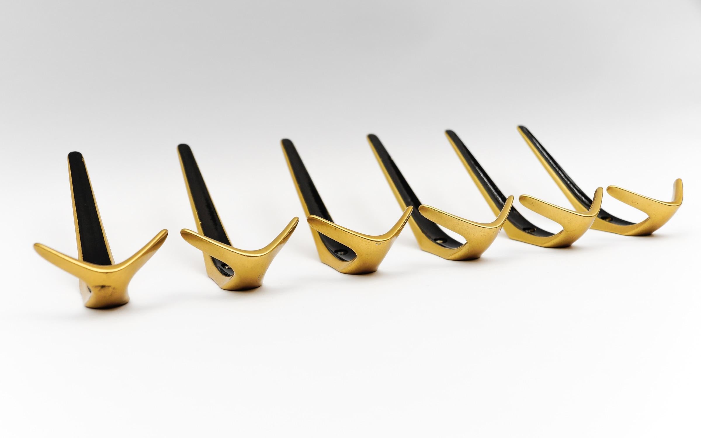 Mid-20th Century Set of 6 Mid-Century Modern Brass Wall Hooks, Austria, 1960s For Sale