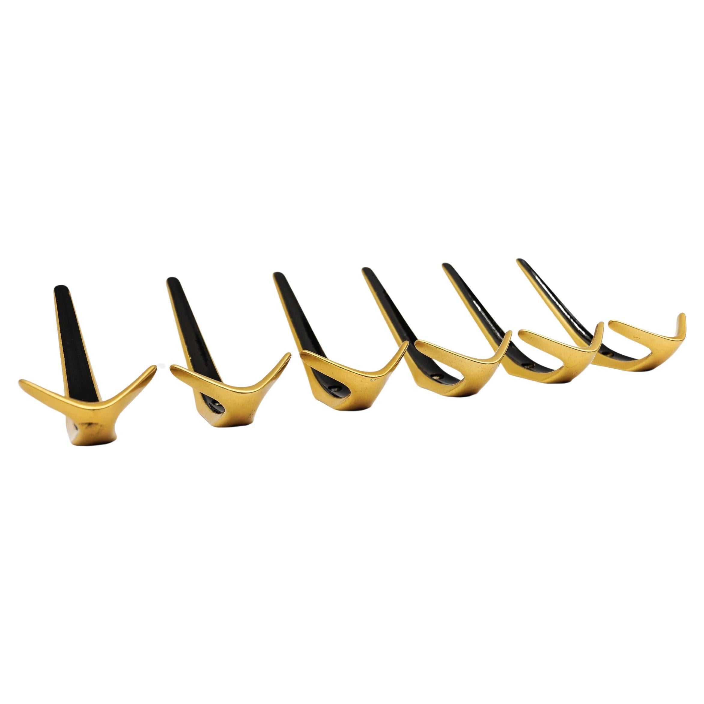 Set of 6 Mid Century Modern Brass Wall Hooks Austria 1960s For Sale at 1stDibs
