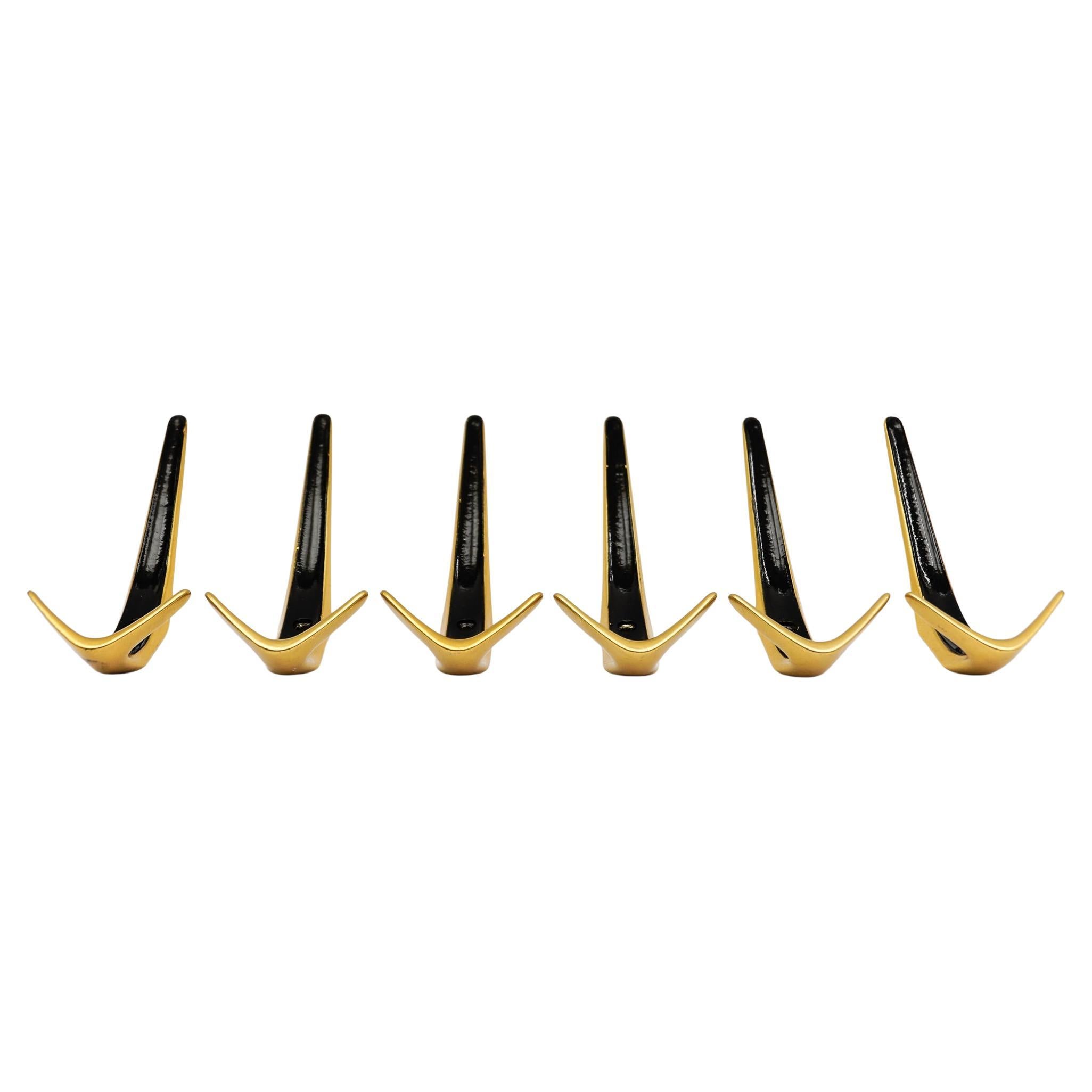 Set of 6 Mid-Century Modern Brass Wall Hooks, Austria, 1960s