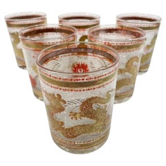Set of 6 Mid Century Modern Cera Glassware "Golden Dragon" Rocks Glasses