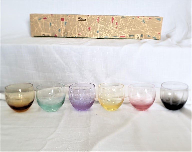 Set of 6 MidCentury Modern Colored Etched Crystal Moser Bar Glasses