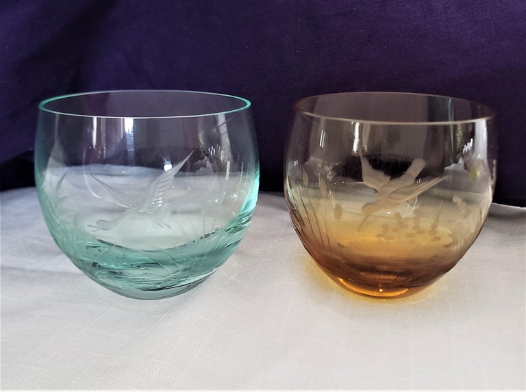 Set of 6 MidCentury Modern Colored Etched Crystal Moser Bar Glasses