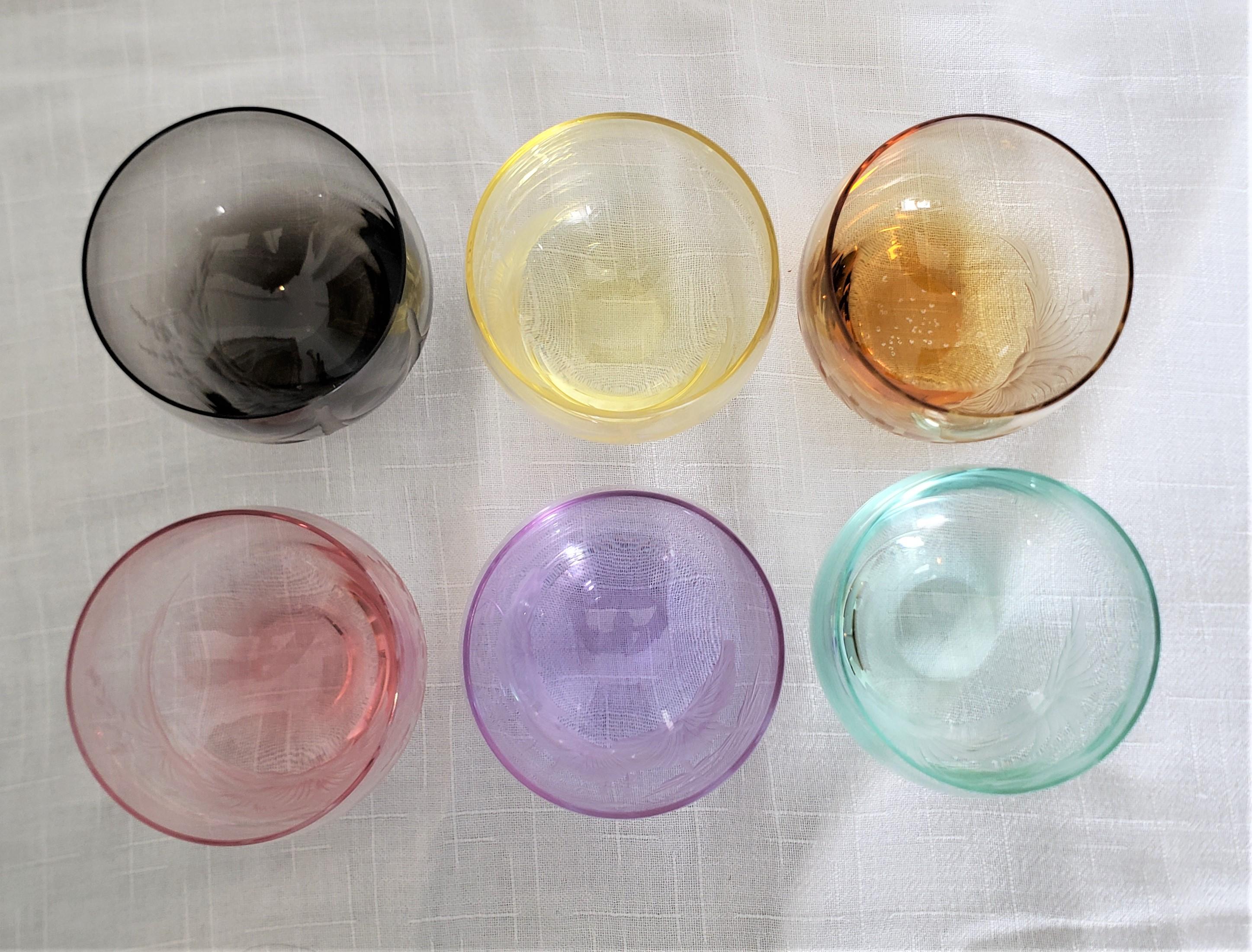 Set of 6 Mid-Century Modern Colored Etched Crystal Moser Bar Glasses with Box For Sale 1
