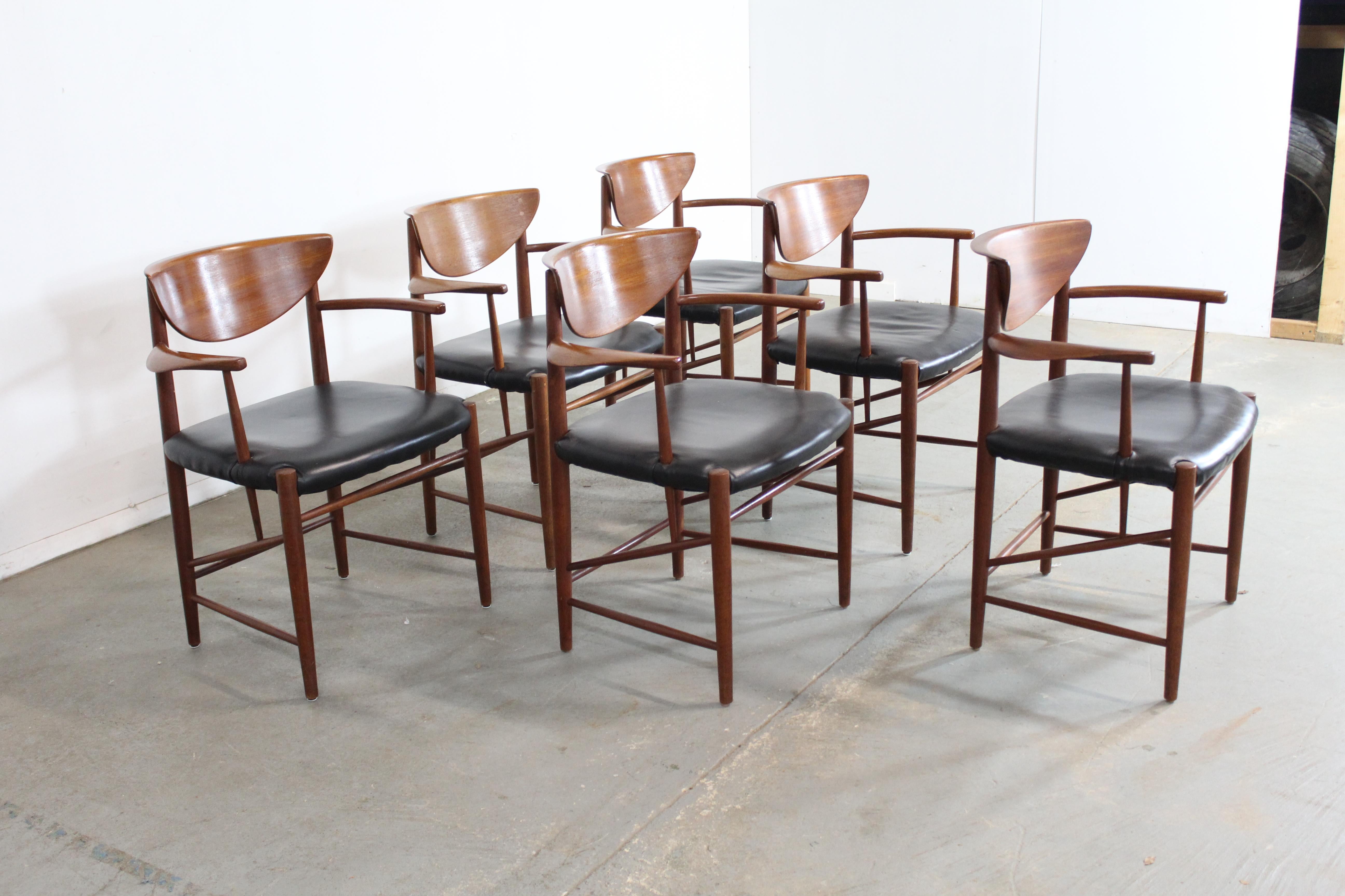 Set of 6 Mid-Century Modern Danish Modern Peter Hvidt teak dining chairs.

Offered is a set of 6 Danish Modern teak dining chairs, designed circa 1953 by Peter Hvidt. These chairs are unique and have unicorn status and being a rare find. This set