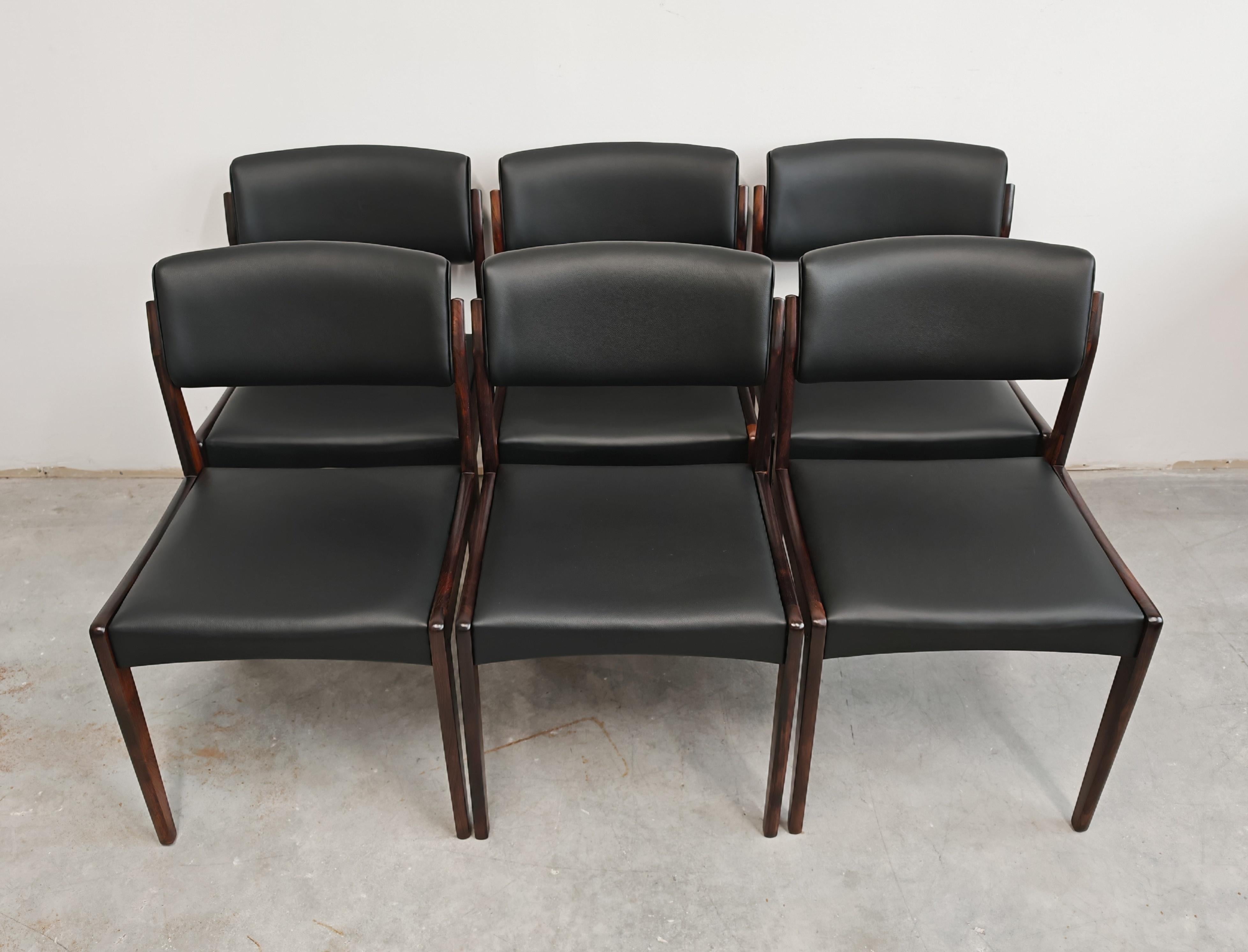 Juego de 6 sillas de comedor Mid Century Modern en palisandro y cuero by Bramin Cuero en venta