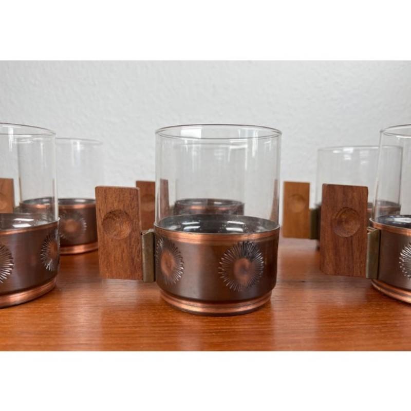 Juego de 6 Vasos de Té de Metal y Teca Alemanes Modernos de Mediados de Siglo, Años 60 en venta 6