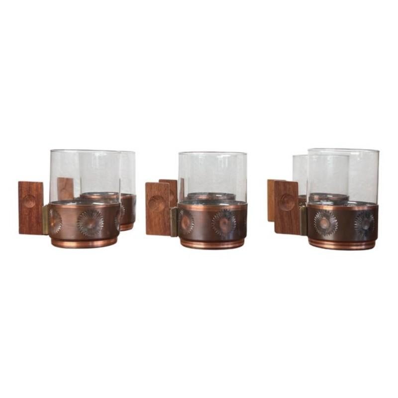 Juego de 6 Vasos de Té de Metal y Teca Alemanes Modernos de Mediados de Siglo, Años 60 en venta