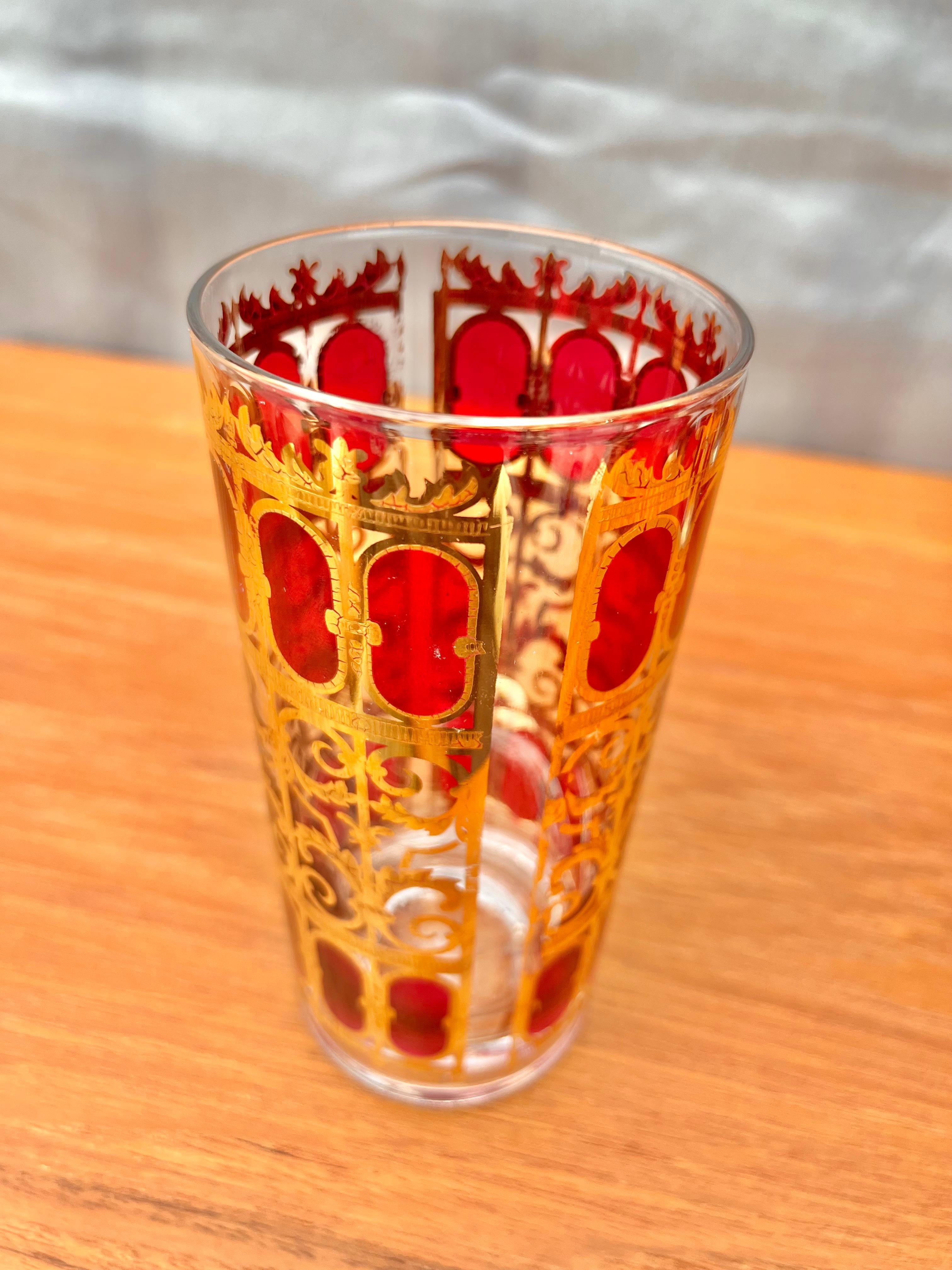 Set of 6 Mid-Century Modern Gold and Cranberry Red Highball Culver Glasses For Sale 5