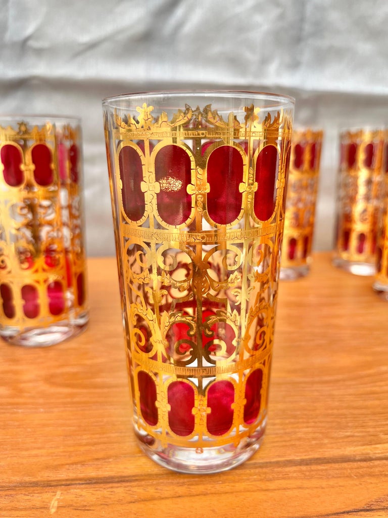 Set of 6 MidCentury Modern Gold and Cranberry Red Highball Culver