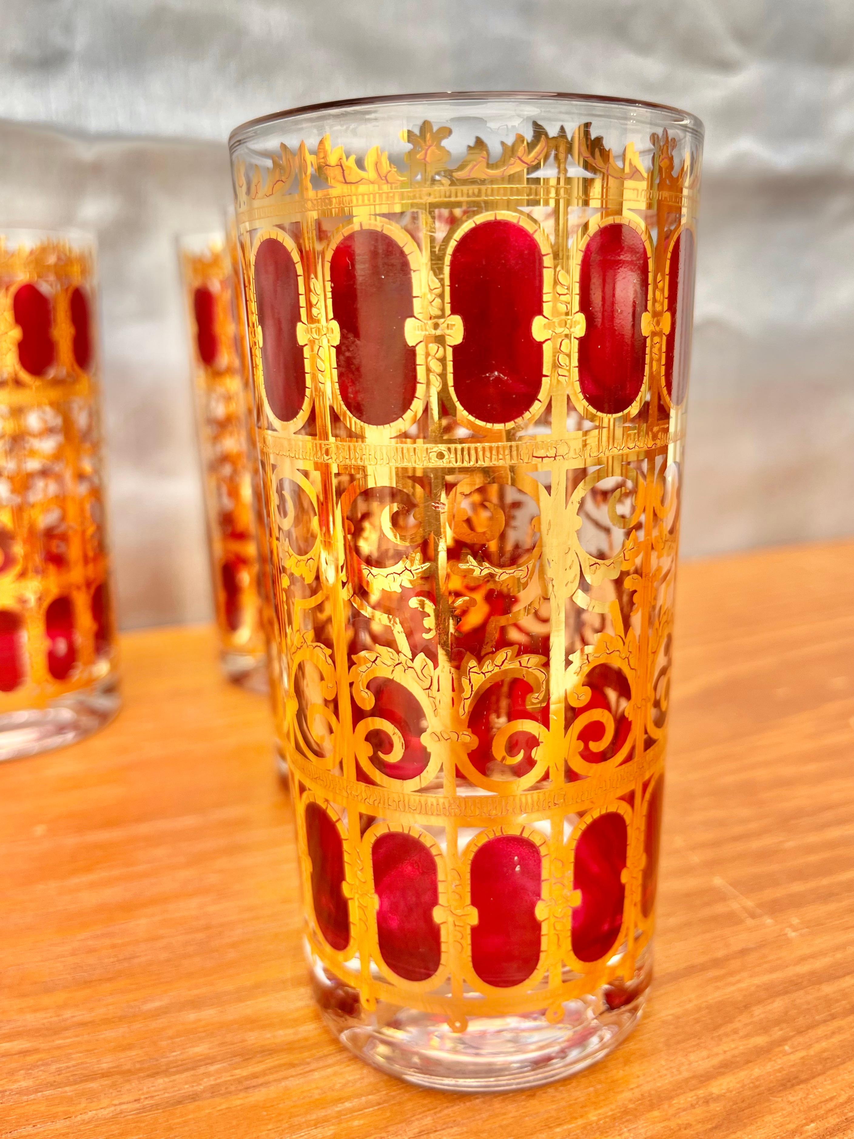Set of 6 Mid-Century Modern Gold and Cranberry Red Highball Culver Glasses For Sale 7