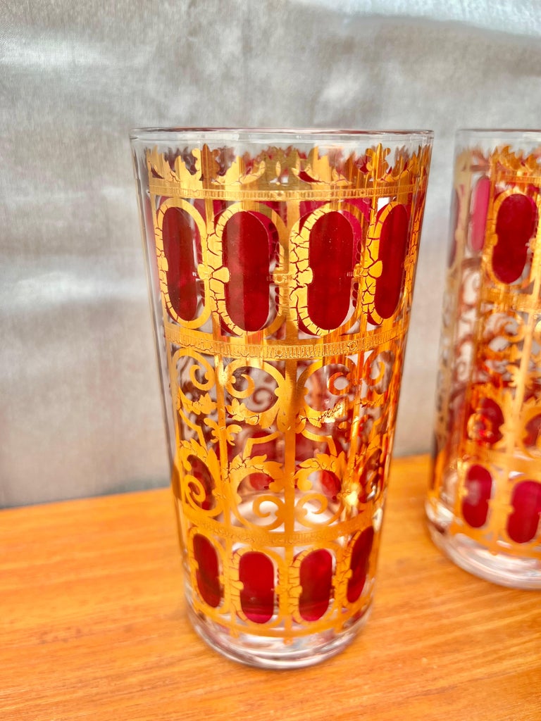 Set of 6 MidCentury Modern Gold and Cranberry Red Highball Culver