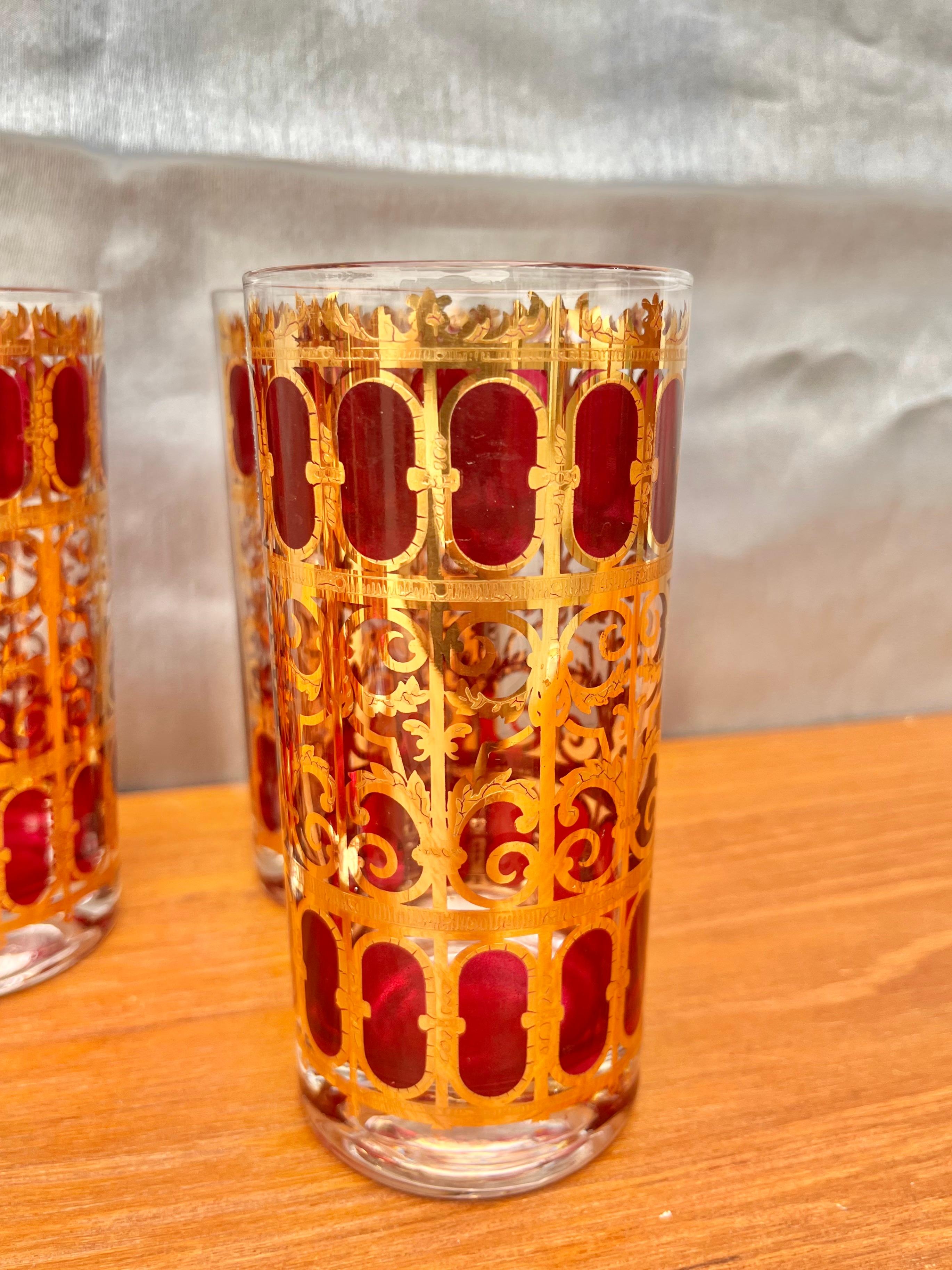 Set of 6 Mid-Century Modern Gold and Cranberry Red Highball Culver Glasses For Sale 9