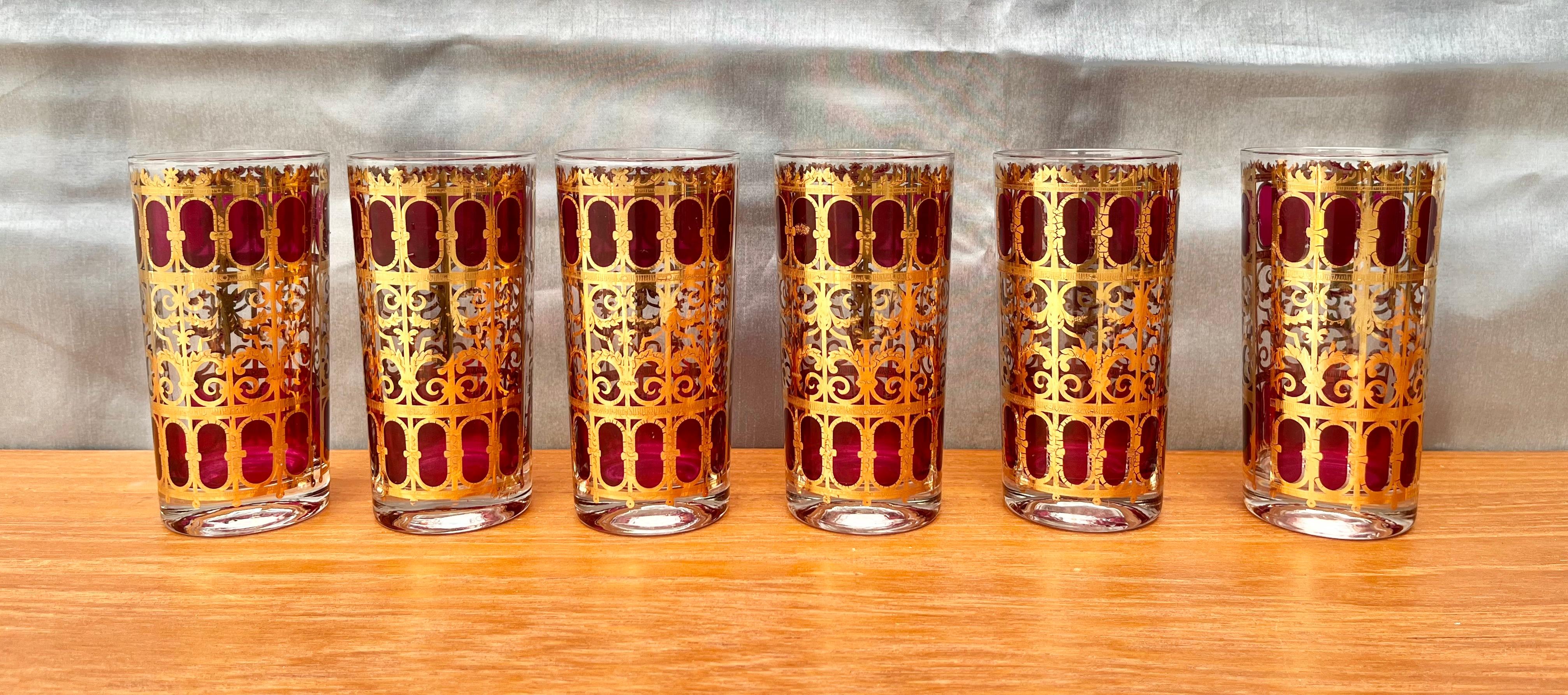 Hollywood Regency Set of 6 Mid-Century Modern Gold and Cranberry Red Highball Culver Glasses For Sale