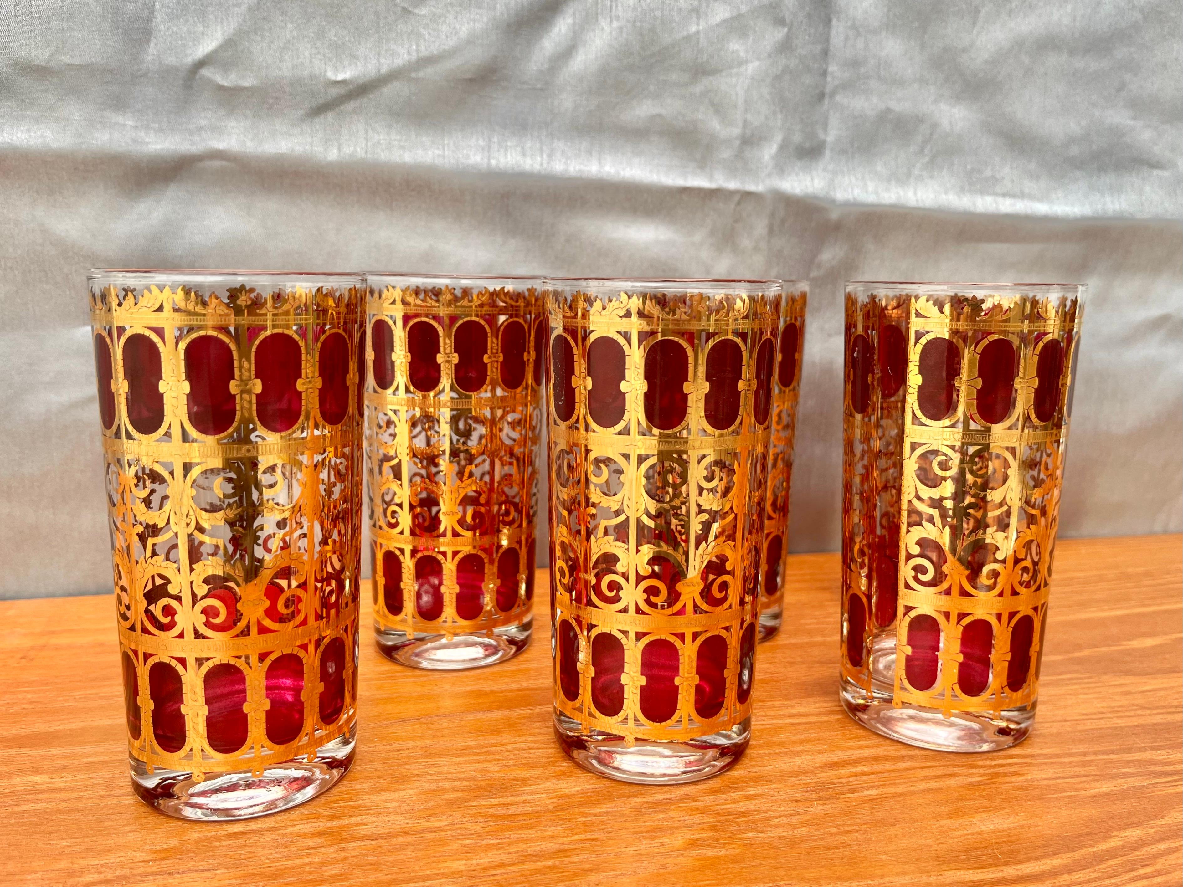 Set of 6 Mid-Century Modern Gold and Cranberry Red Highball Culver Glasses In Good Condition For Sale In Miami, FL
