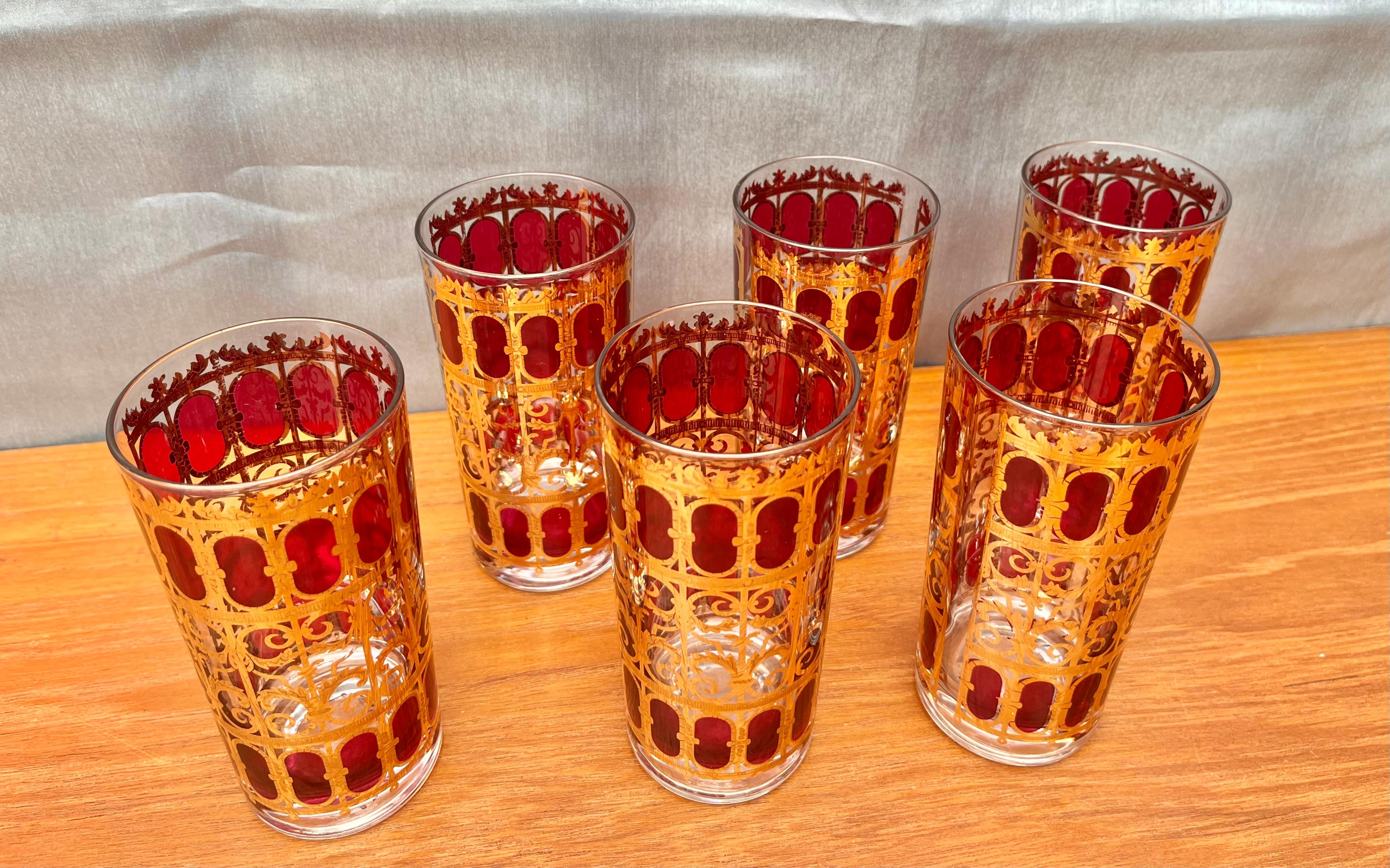 Mid-20th Century Set of 6 Mid-Century Modern Gold and Cranberry Red Highball Culver Glasses For Sale