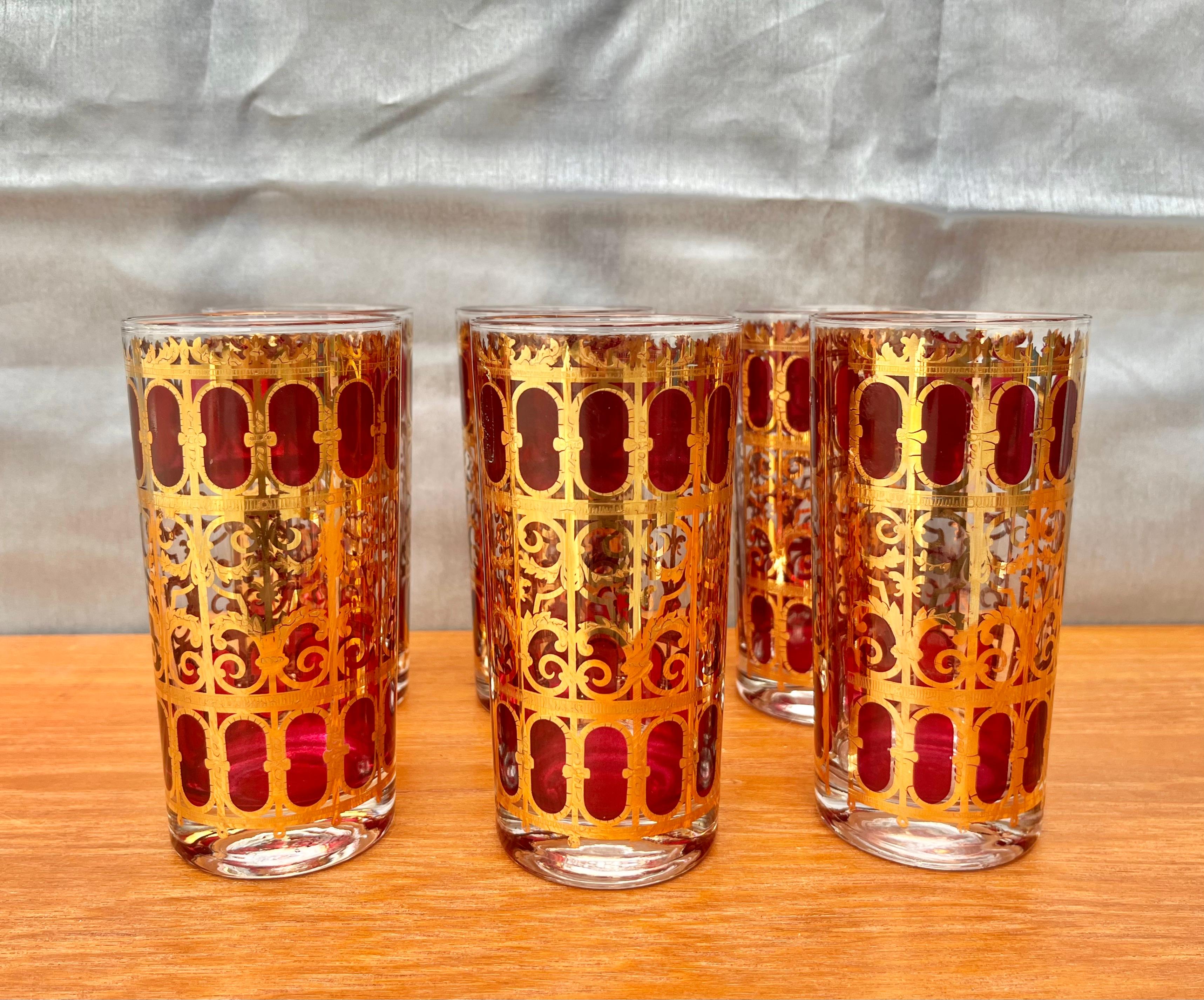 Set of 6 Mid-Century Modern Gold and Cranberry Red Highball Culver Glasses For Sale 1