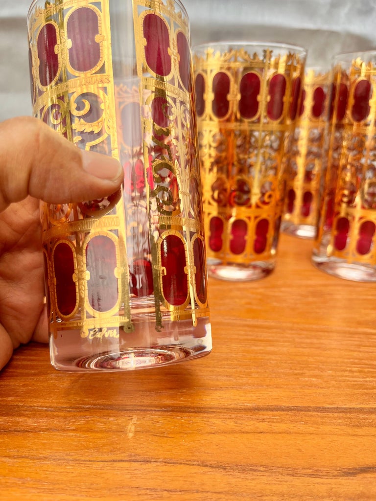 Set of 6 MidCentury Modern Gold and Cranberry Red Highball Culver