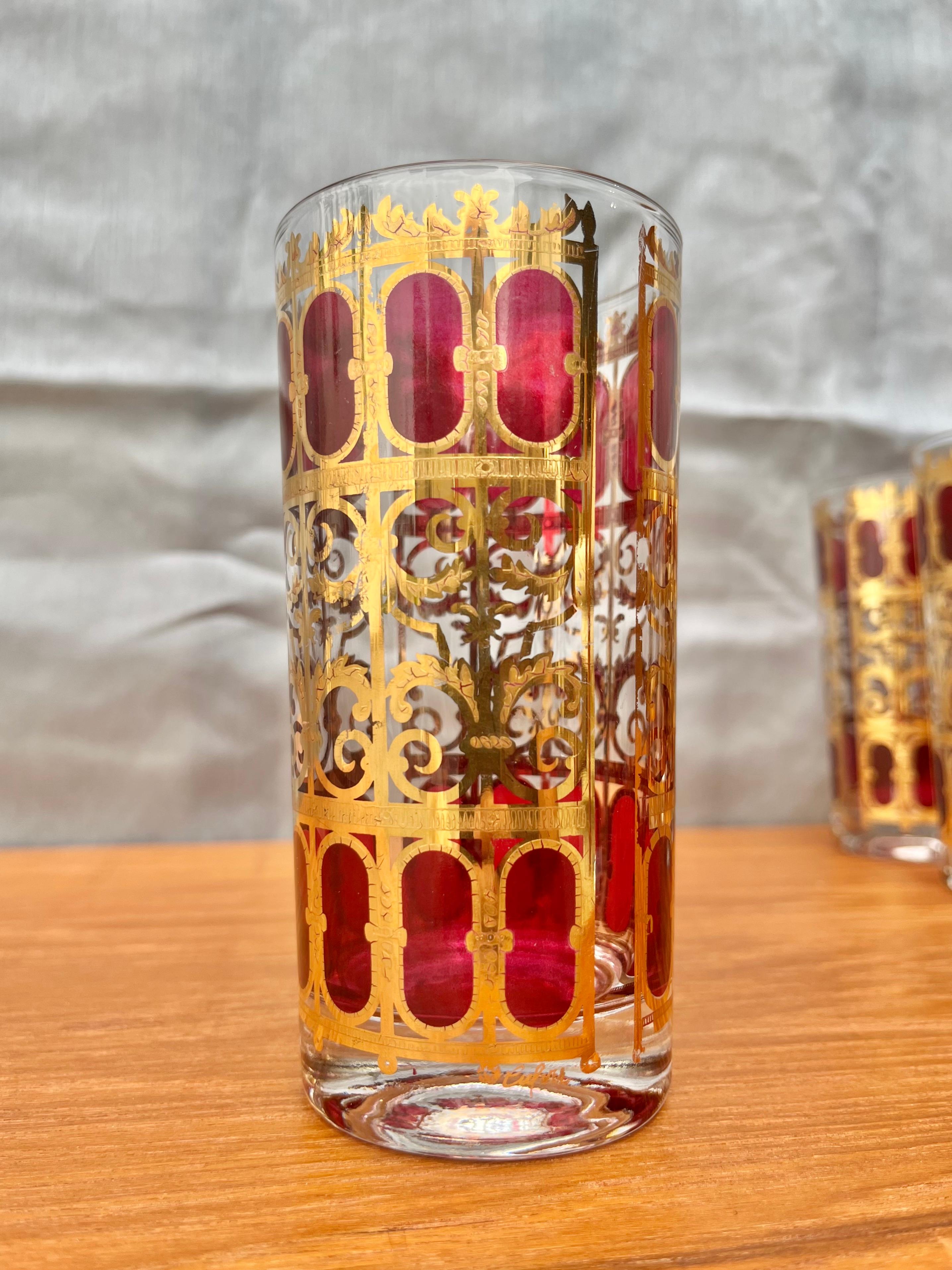 Set of 6 Mid-Century Modern Gold and Cranberry Red Highball Culver Glasses For Sale 3