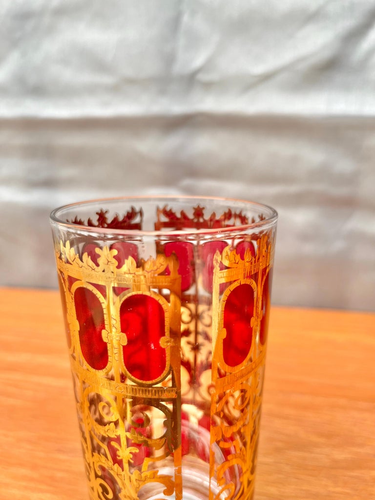 Set of 6 MidCentury Modern Gold and Cranberry Red Highball Culver