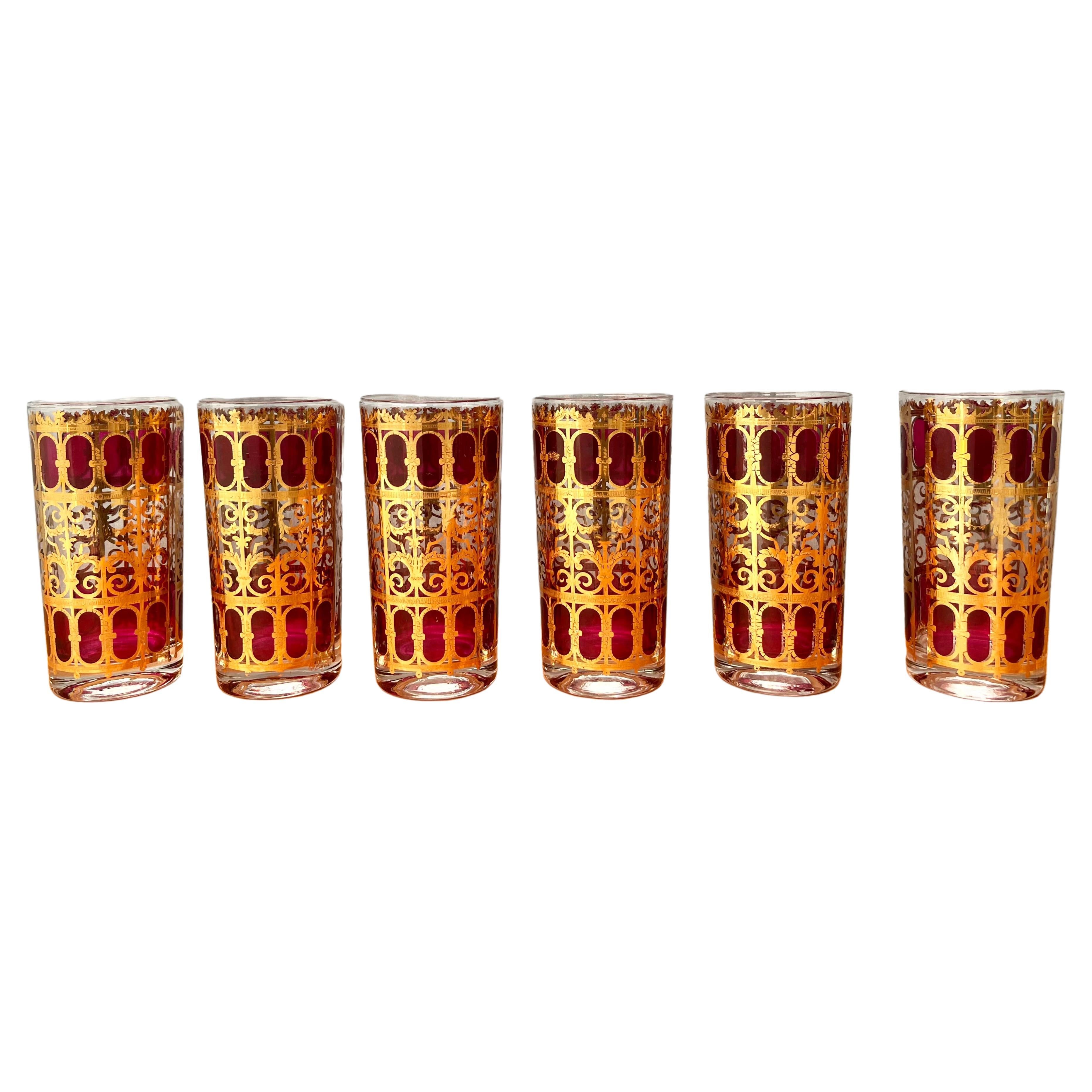 Set of 6 Mid-Century Modern Gold and Cranberry Red Highball Culver Glasses For Sale