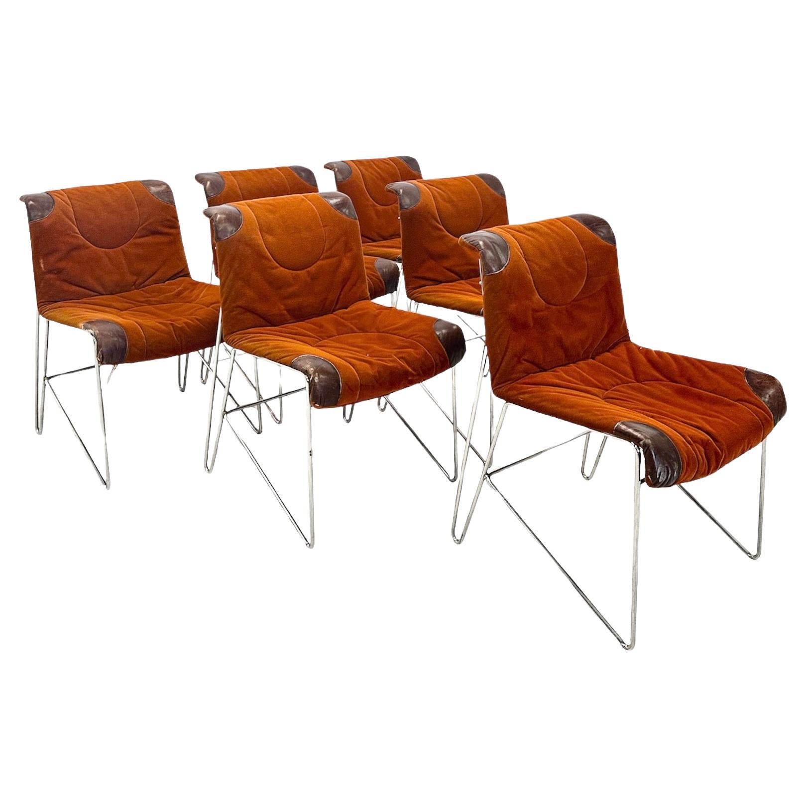 Set of 6 Mid-Century Modern Italian Orange Chairs by Guido Faleschini 1970s For Sale