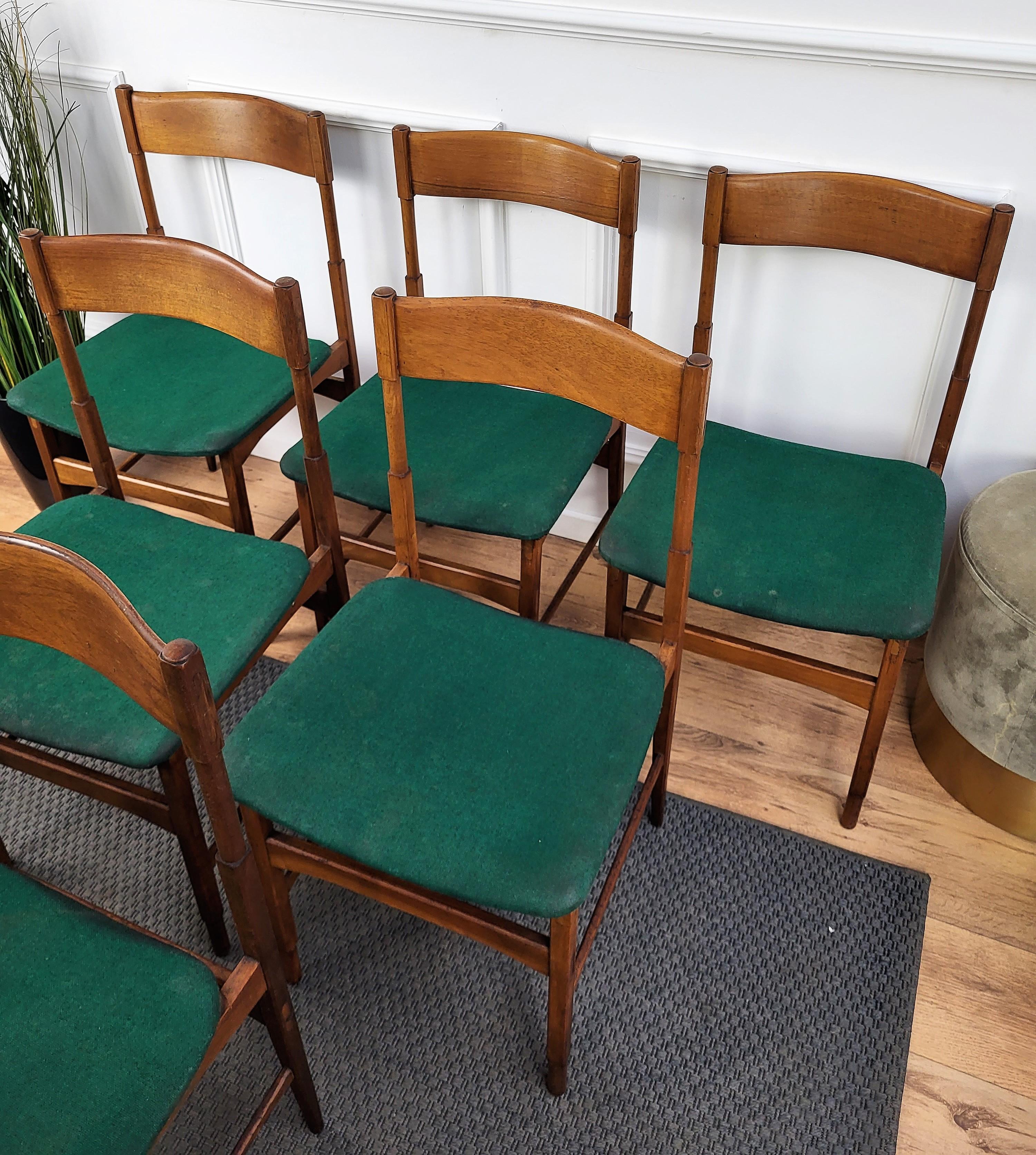 Set of 6 Mid-Century Modern Italian Walnut Wood Upholstered Dining Chairs For Sale 4