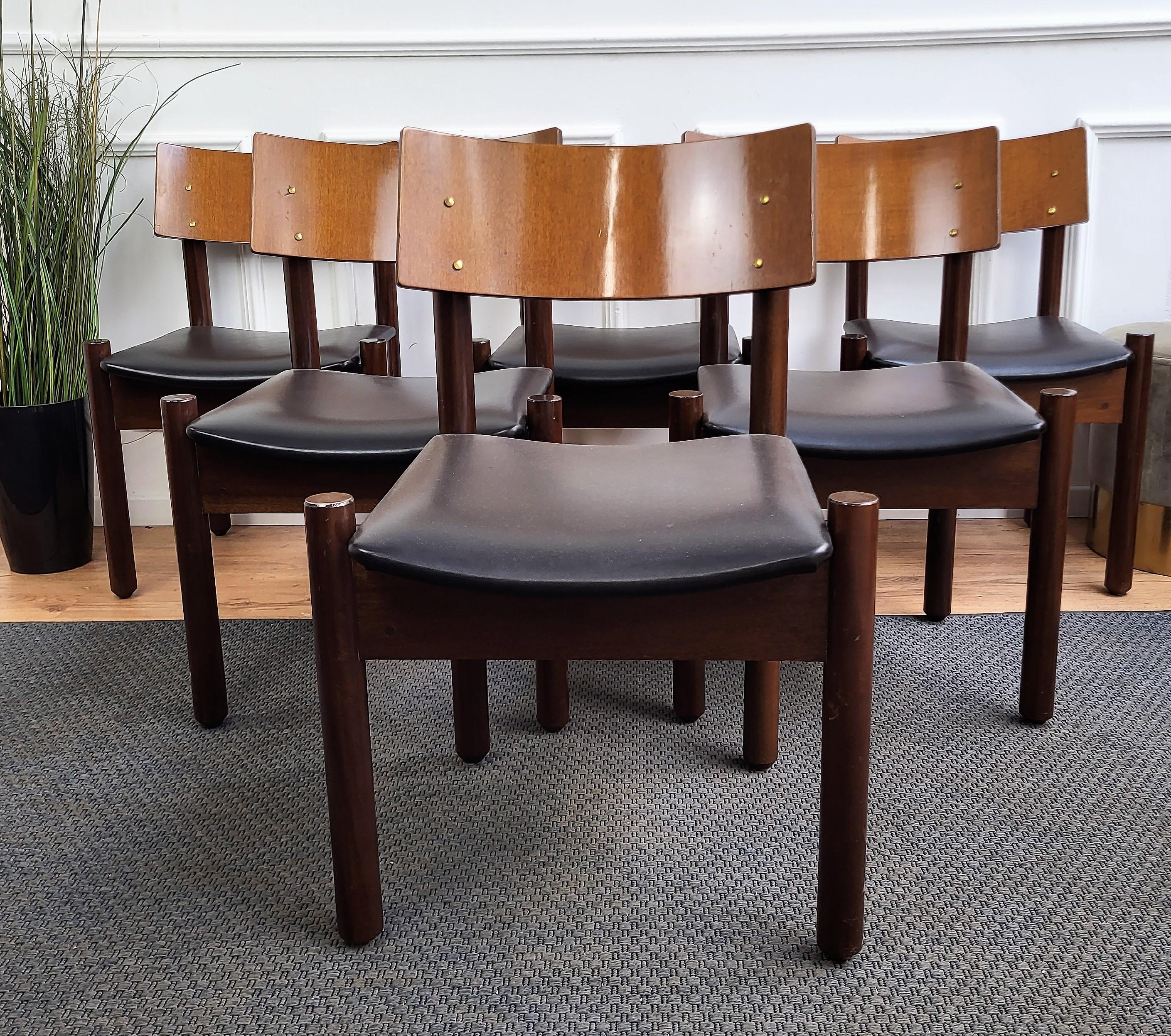Set of 6 Mid-Century Modern Italian Walnut Wood Upholstered Dining Chairs For Sale 4