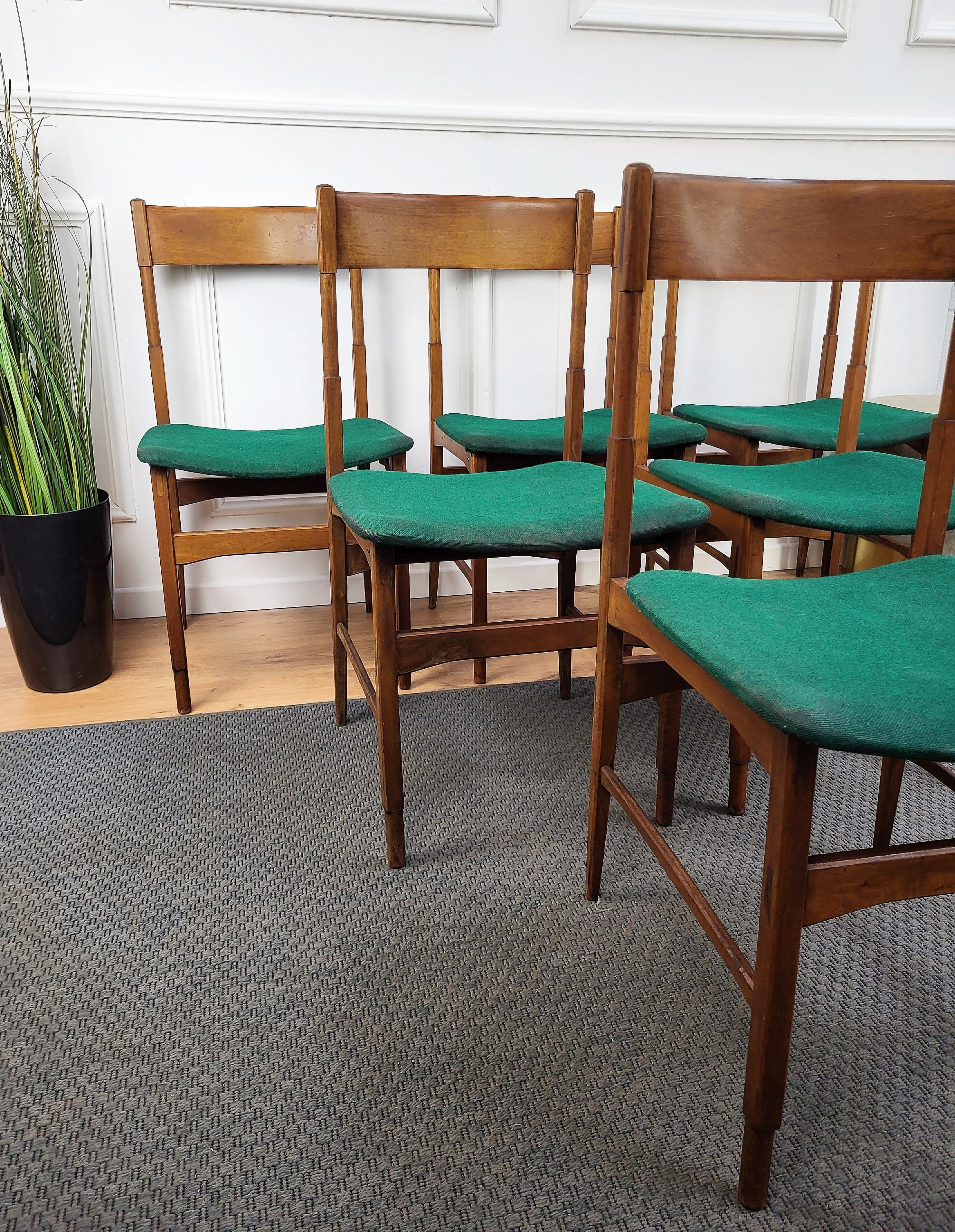 Set of 6 Mid-Century Modern Italian Walnut Wood Upholstered Dining Chairs For Sale 5