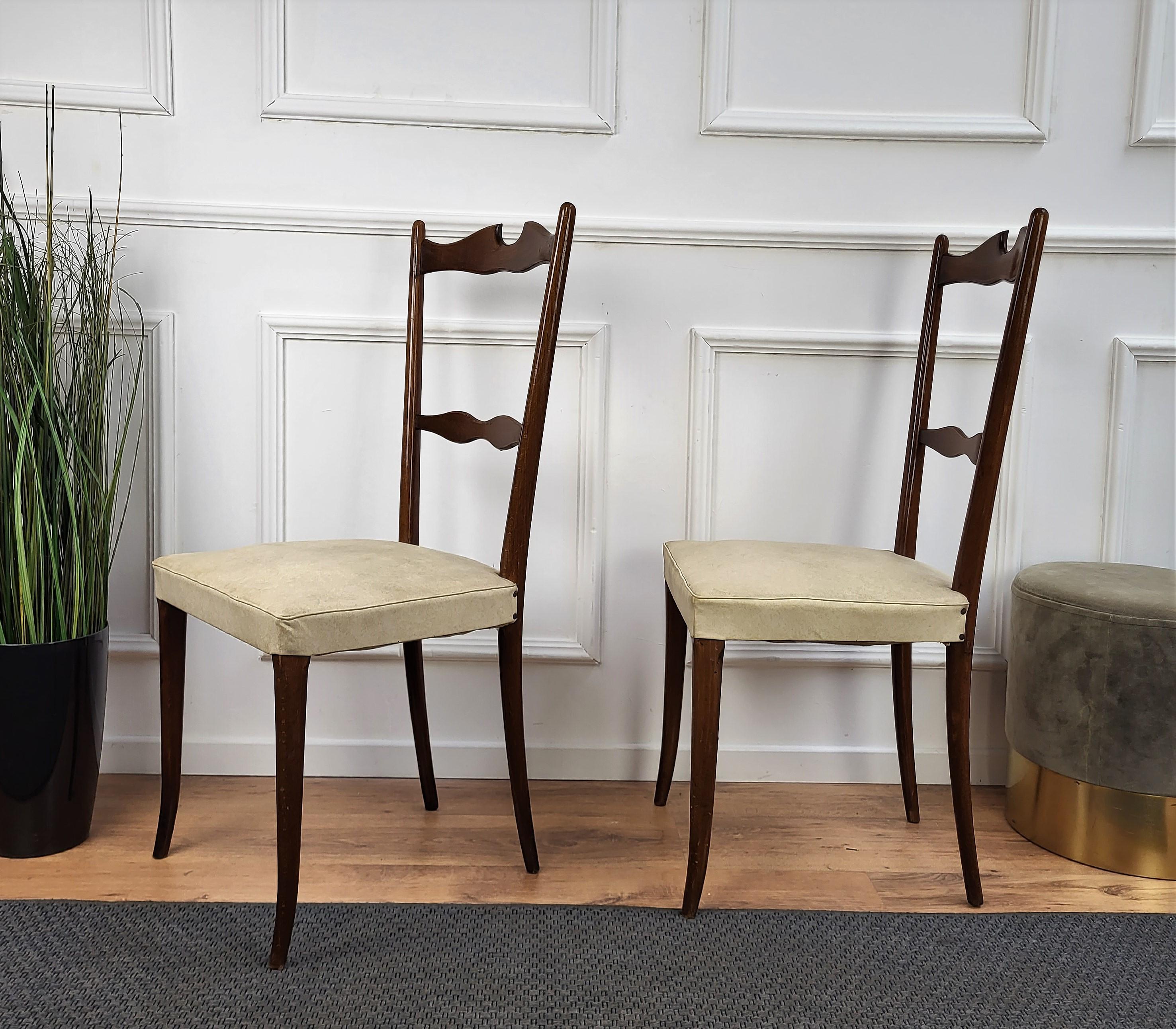 Brass Set of 6 Mid-Century Modern Italian Walnut Wood Upholstered Dining Chairs For Sale