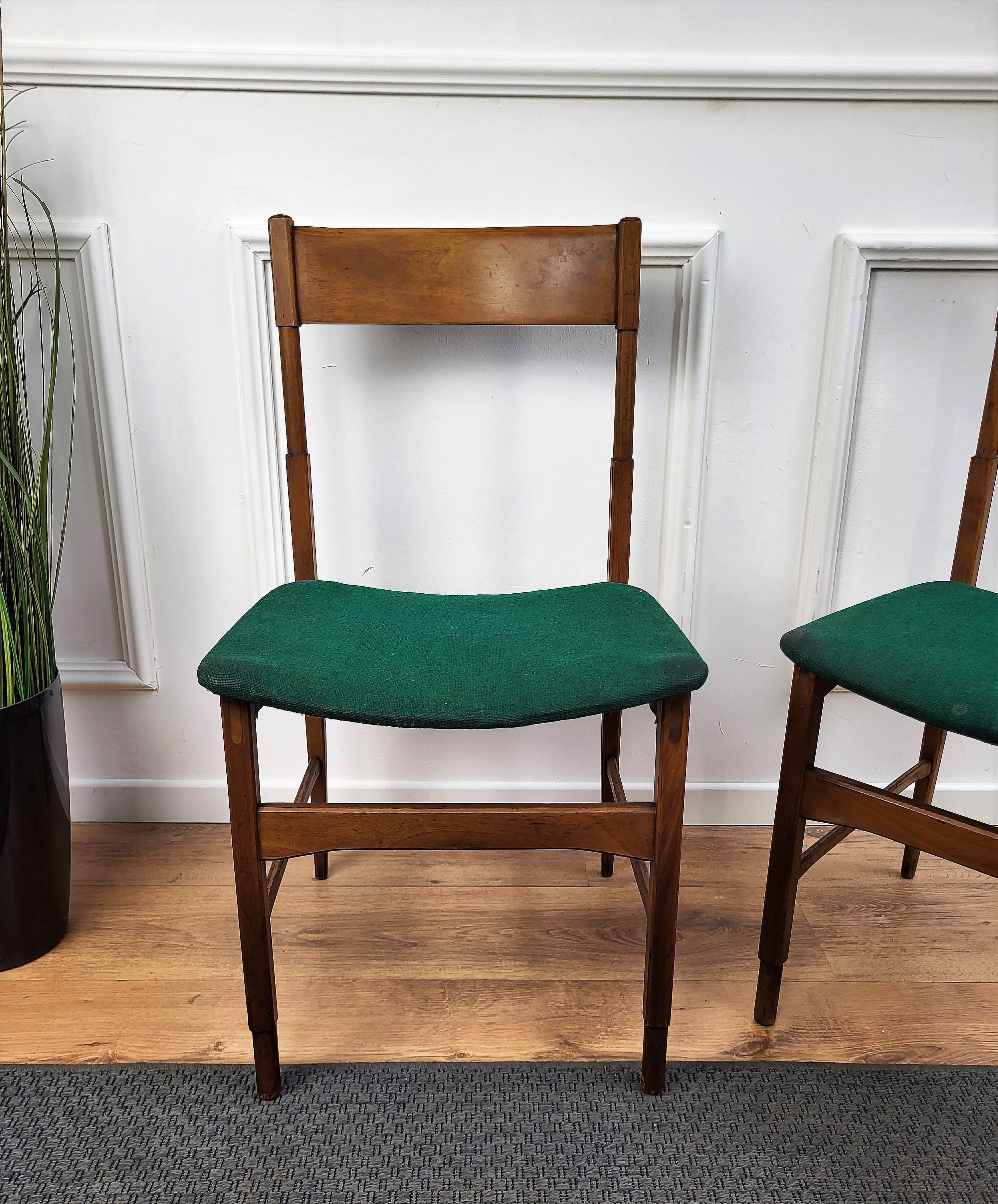 Fabric Set of 6 Mid-Century Modern Italian Walnut Wood Upholstered Dining Chairs For Sale