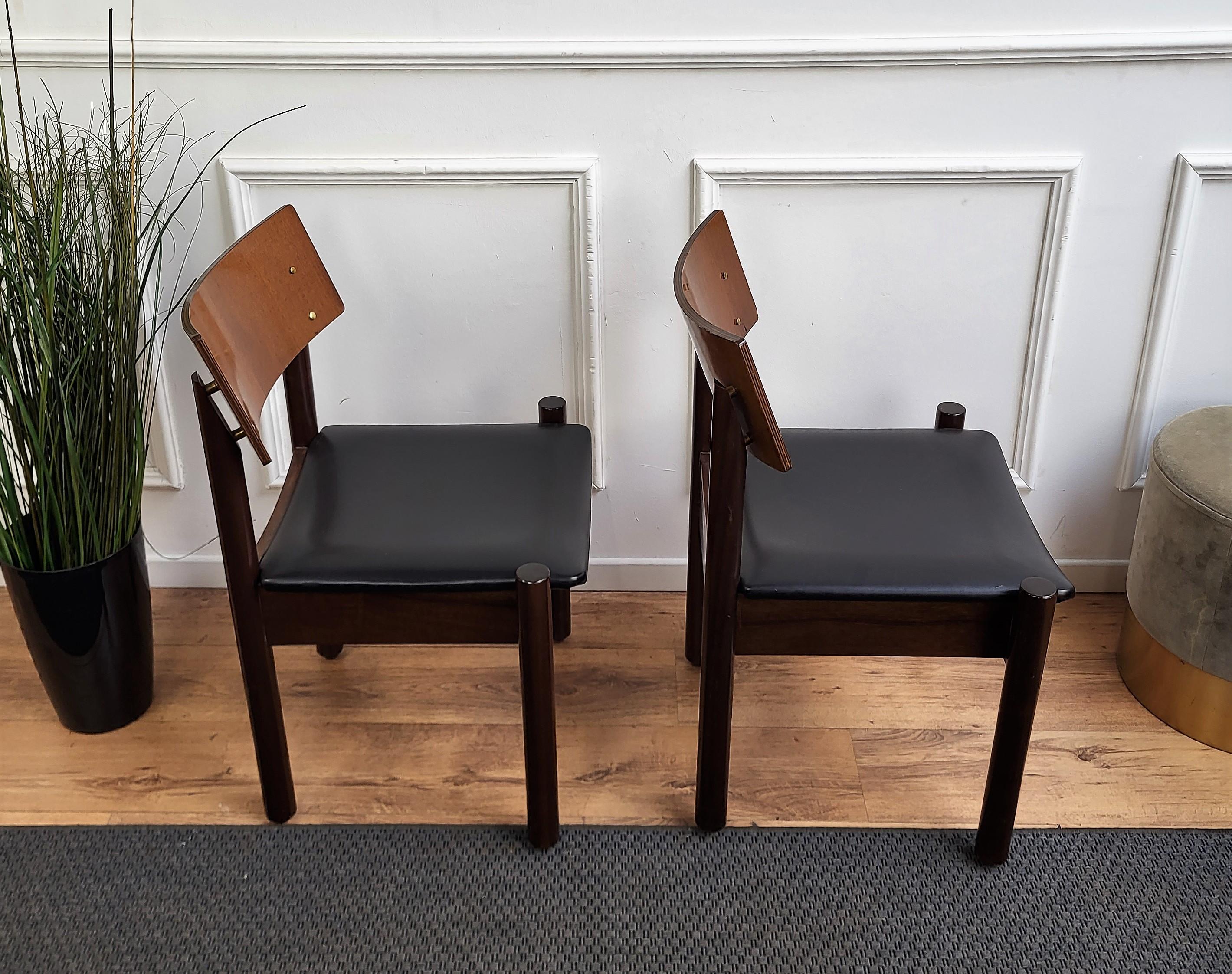 Set of 6 Mid-Century Modern Italian Walnut Wood Upholstered Dining Chairs For Sale 1