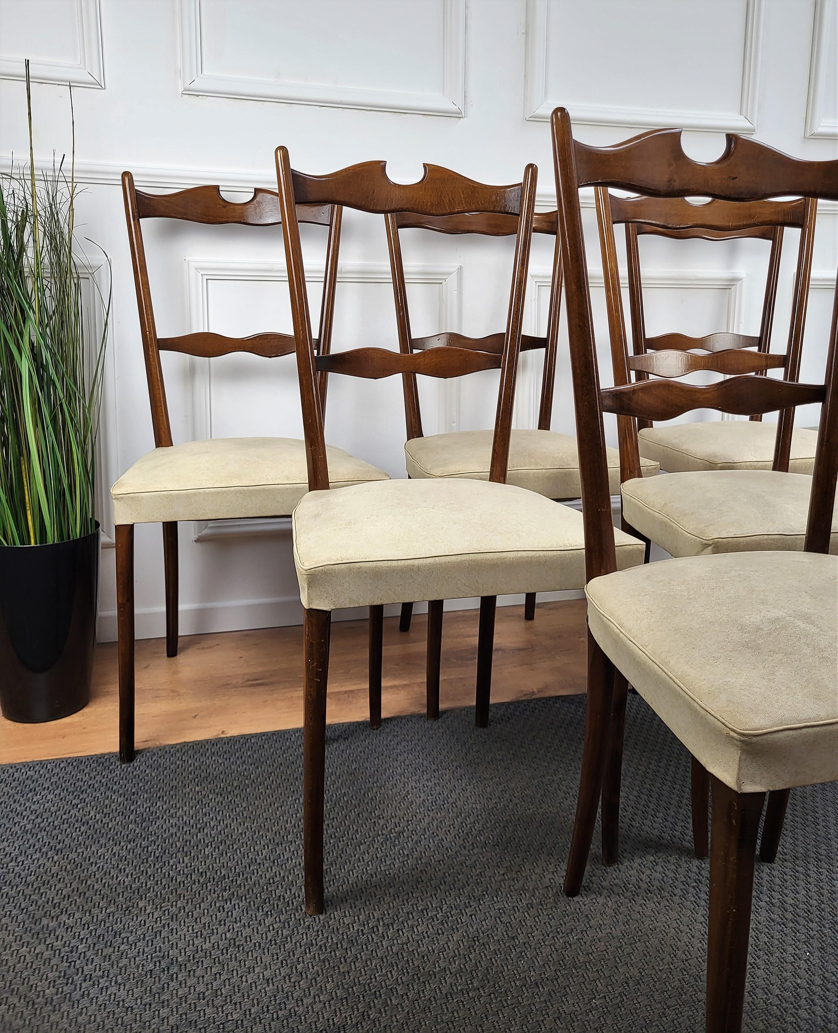Set of 6 Mid-Century Modern Italian Walnut Wood Upholstered Dining Chairs For Sale 3
