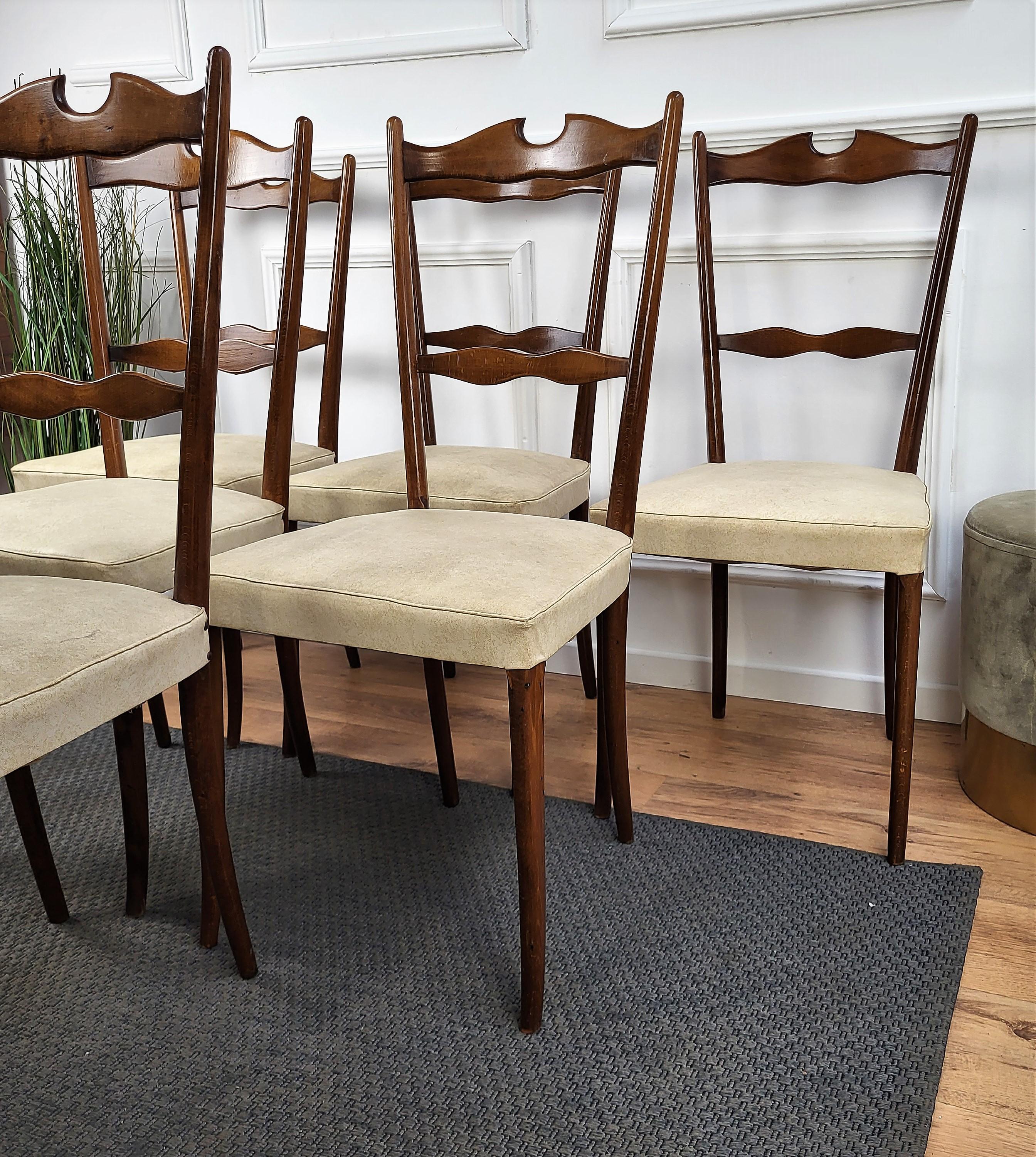 Set of 6 Mid-Century Modern Italian Walnut Wood Upholstered Dining Chairs For Sale 4