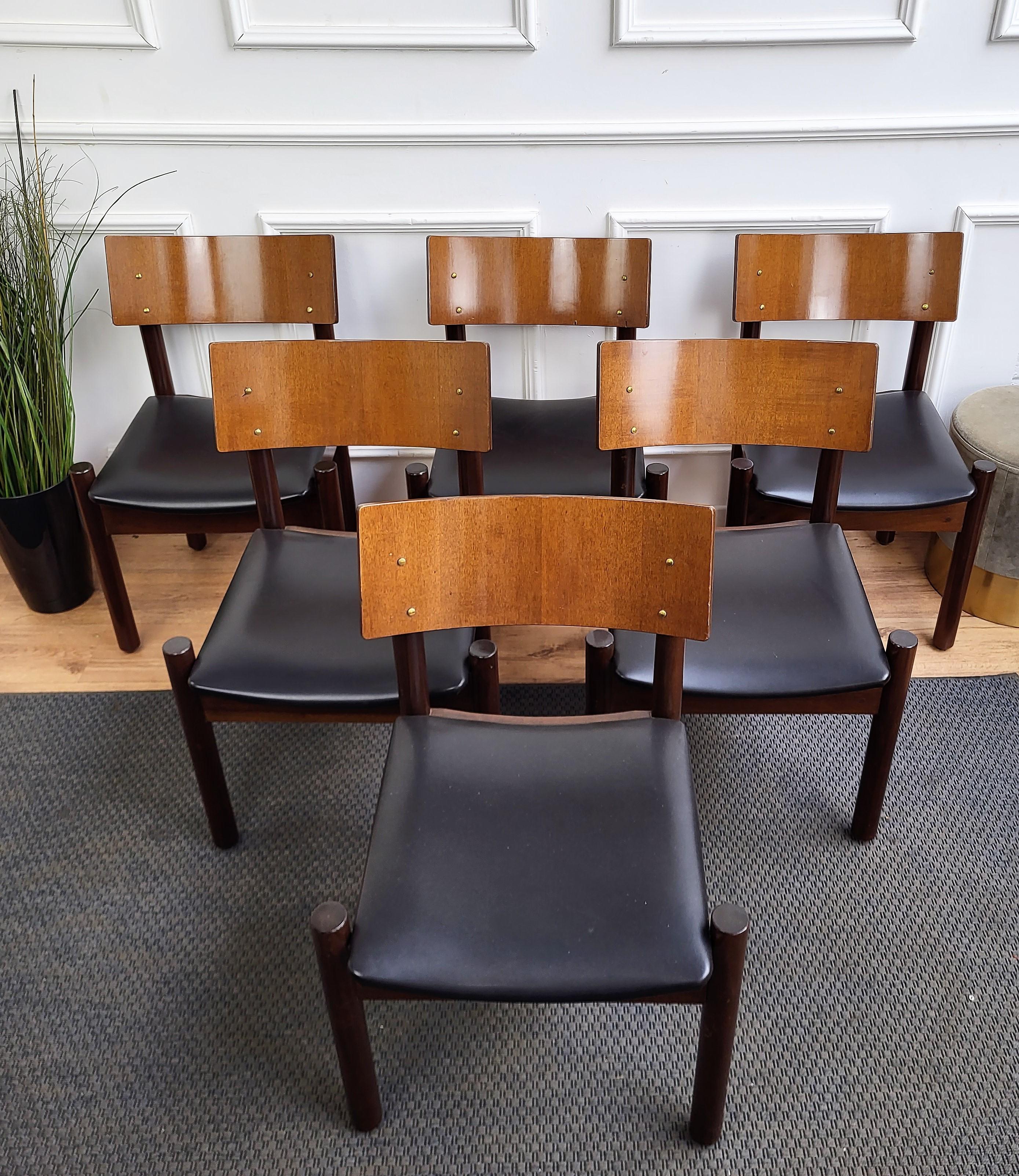 Set of 6 Mid-Century Modern Italian Walnut Wood Upholstered Dining Chairs For Sale 3