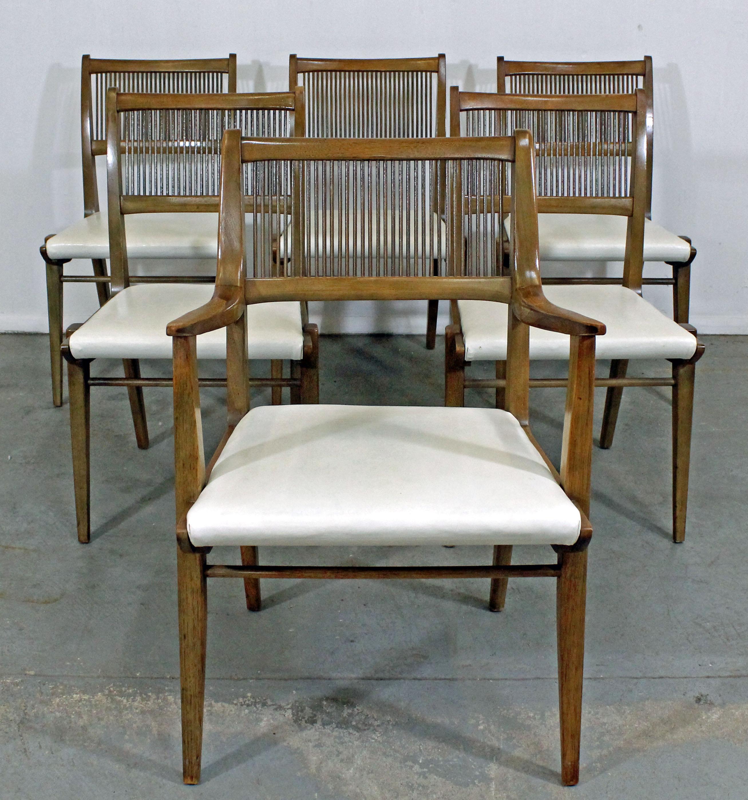 Offered is an excellent example of American mid-century modern living: a set of 6 dining chairs by John Van Koert for Drexel 'Profile'. Includes five side chairs and one arm chair. They are in overall decent condition, but show some age wear (see