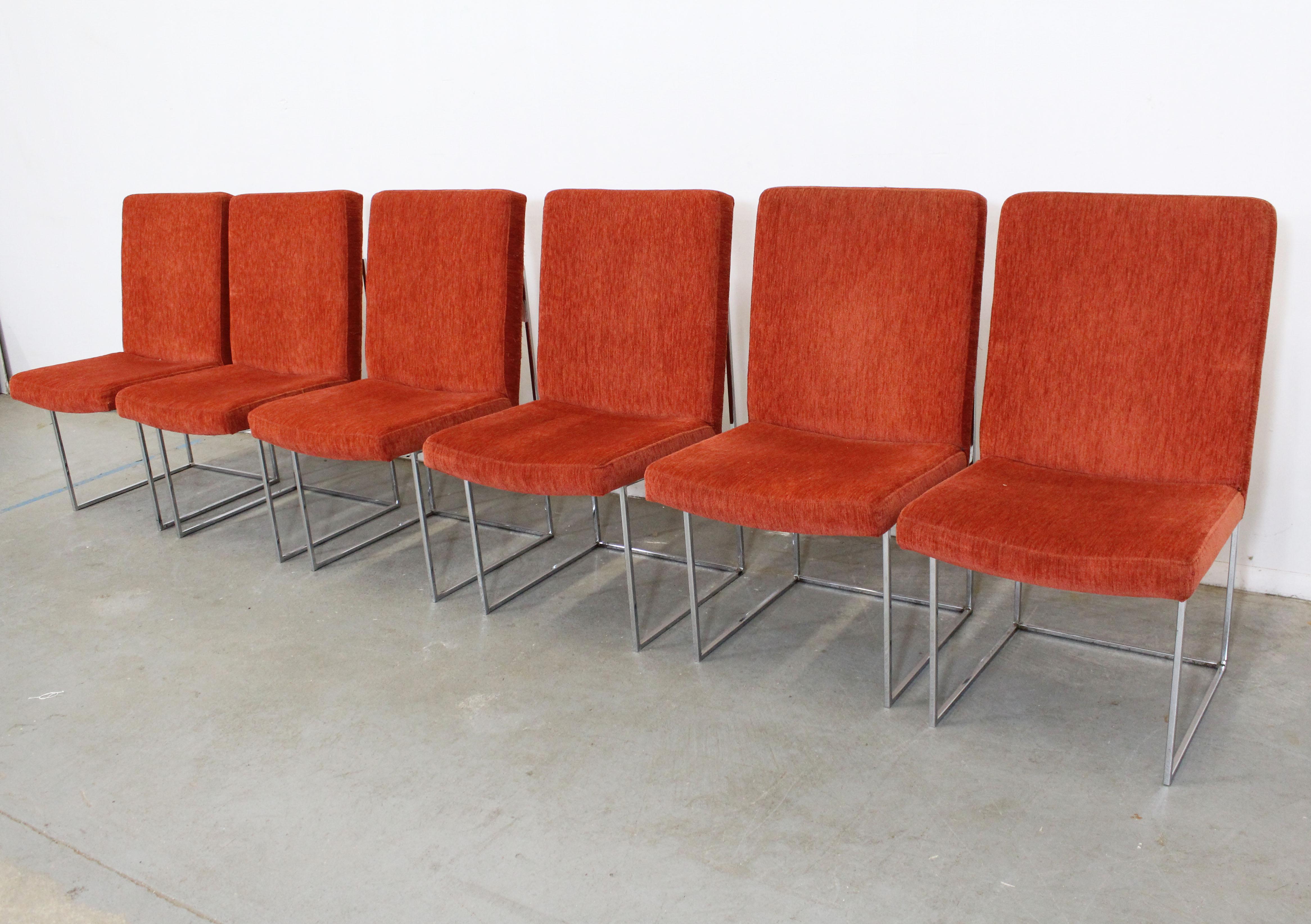 What a find. Offered is a vintage set of 6 Mid-Century Modern dining chairs by Milo Baughman for Thayer Coggin. These beautiful chairs have chrome bases and orange upholstery. In good condition for their age, but need to be reupholstered. Has some