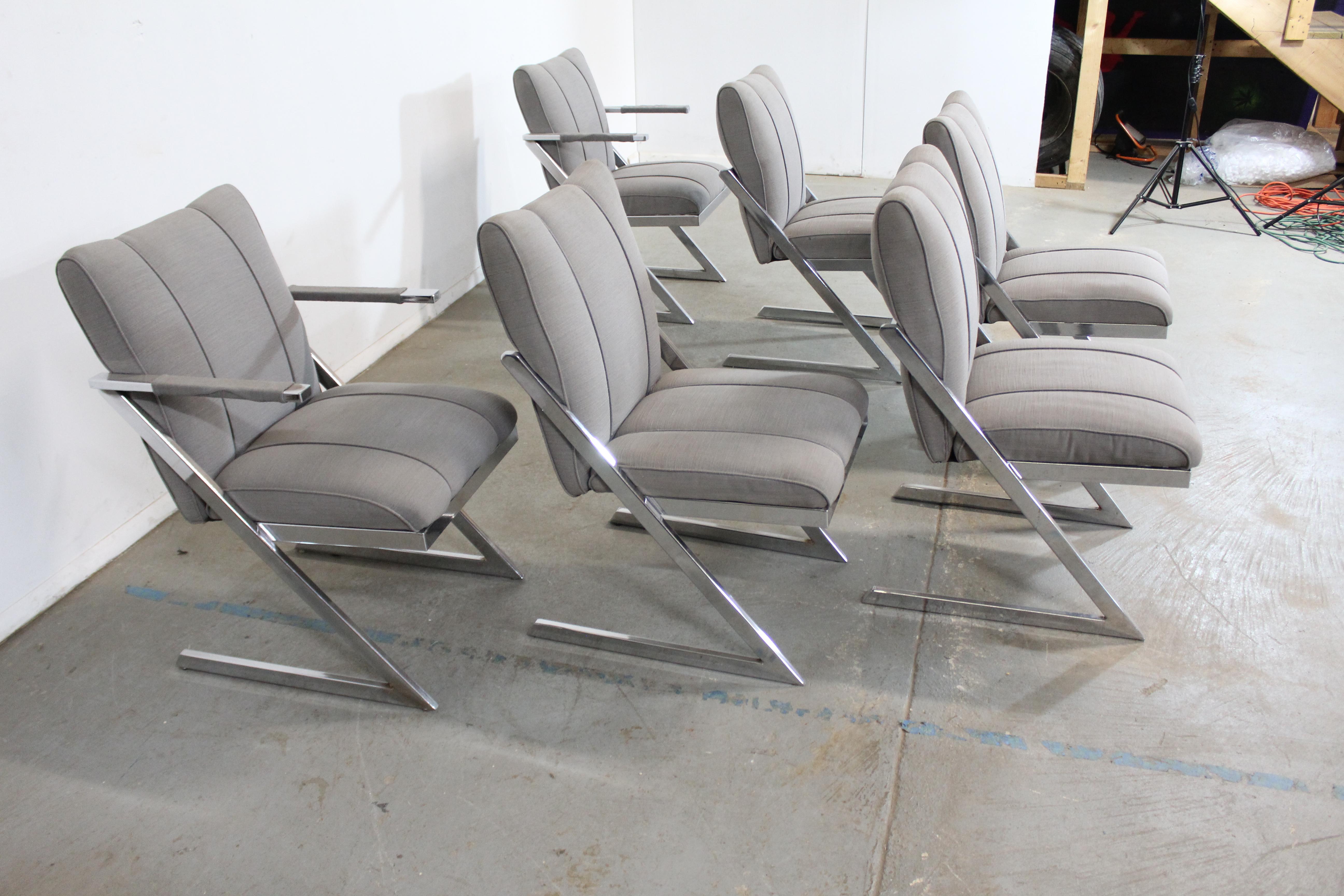 Fabric Set of 6 Mid-Century Modern Milo Baughman Style Chrome Dining Chairs For Sale