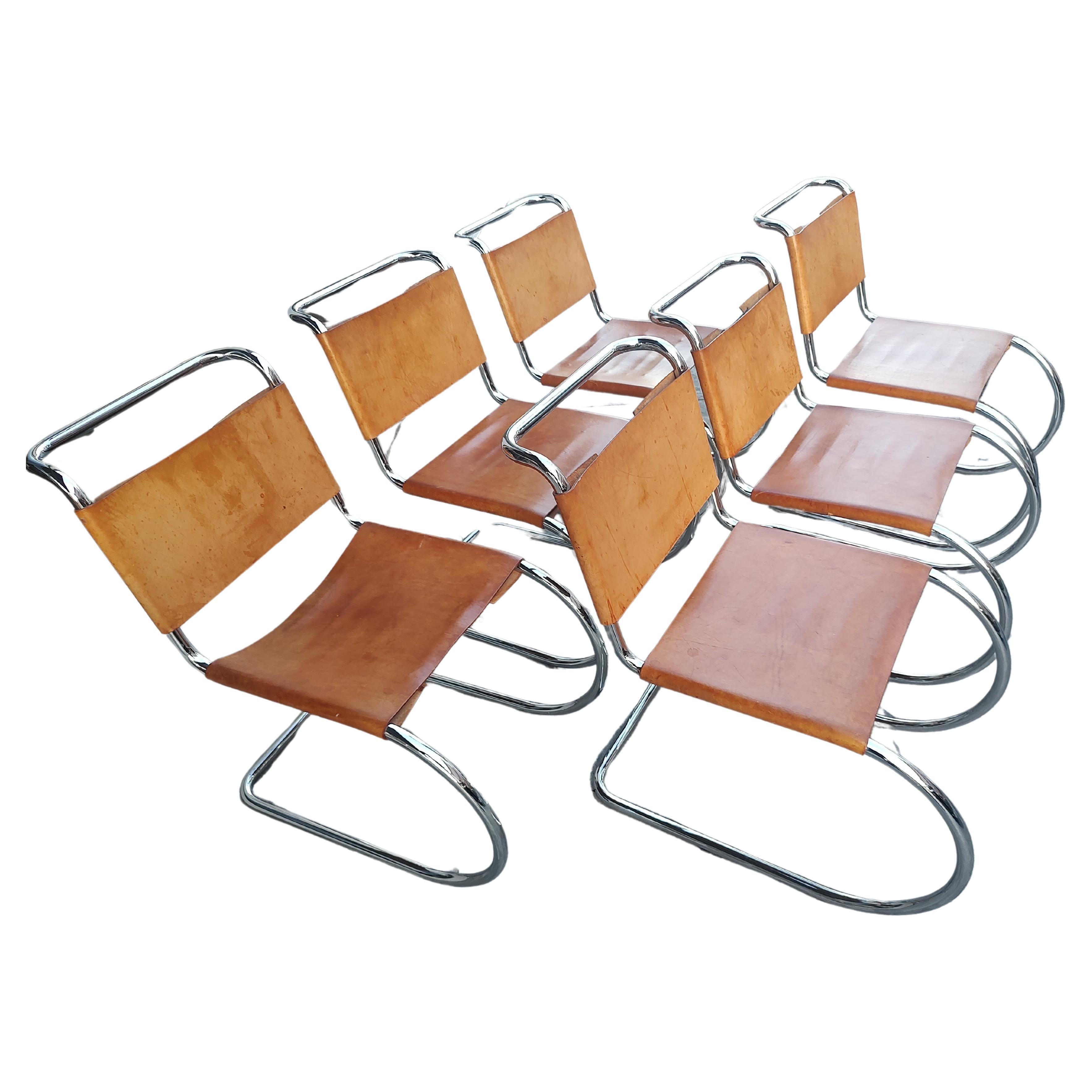 Fabulous set of 6 MR10 chairs designed by Mies van der Rohe almost a century ago and a most iconic chair. Set of 6 with thick saddle leather for seats and backs with cantilevered chrome frame chairs. Made by Palazzetti in Italy these are high
